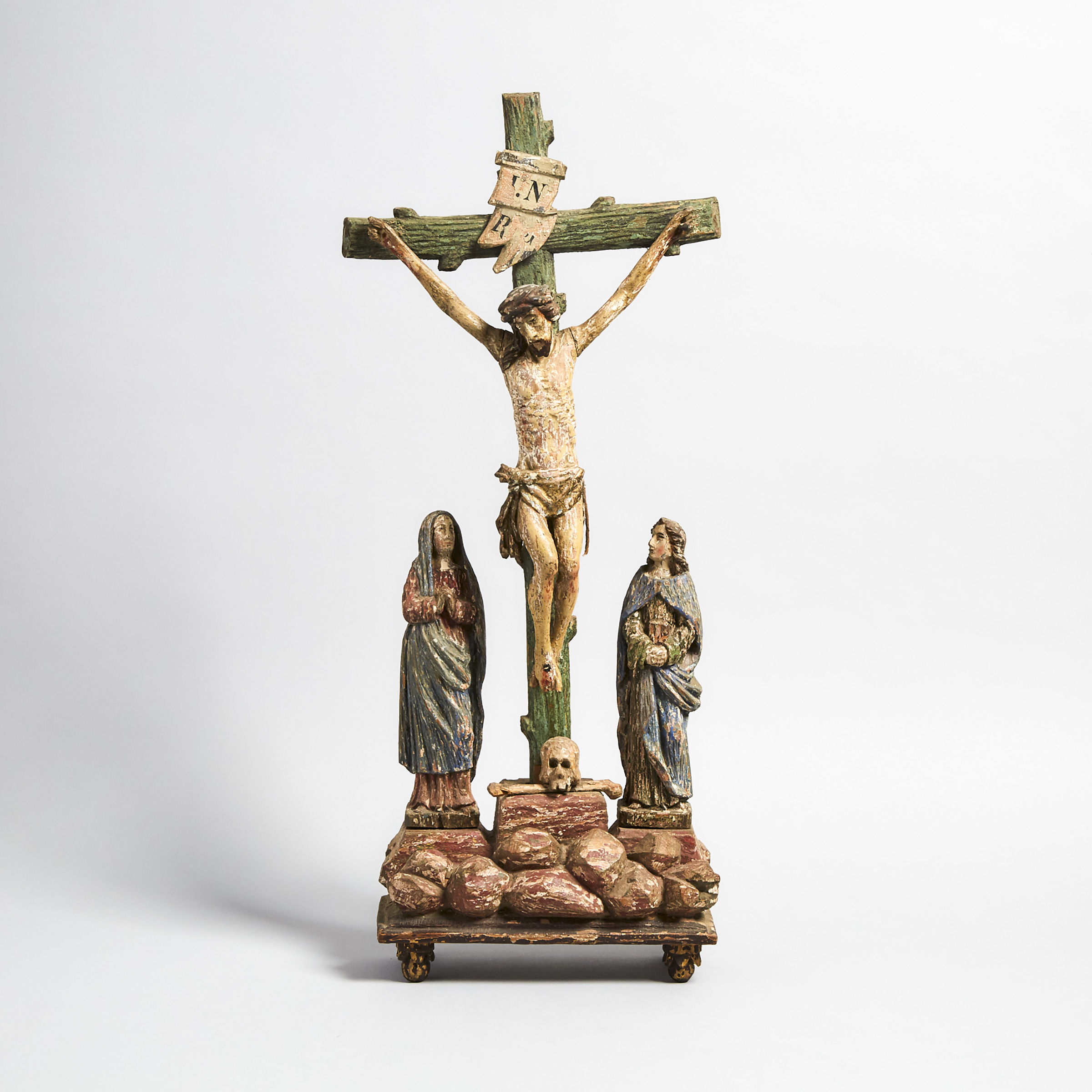 Spanish Colonial Carved and Polychromed Wooden Crucifixion Diorama, 19th century or earlier