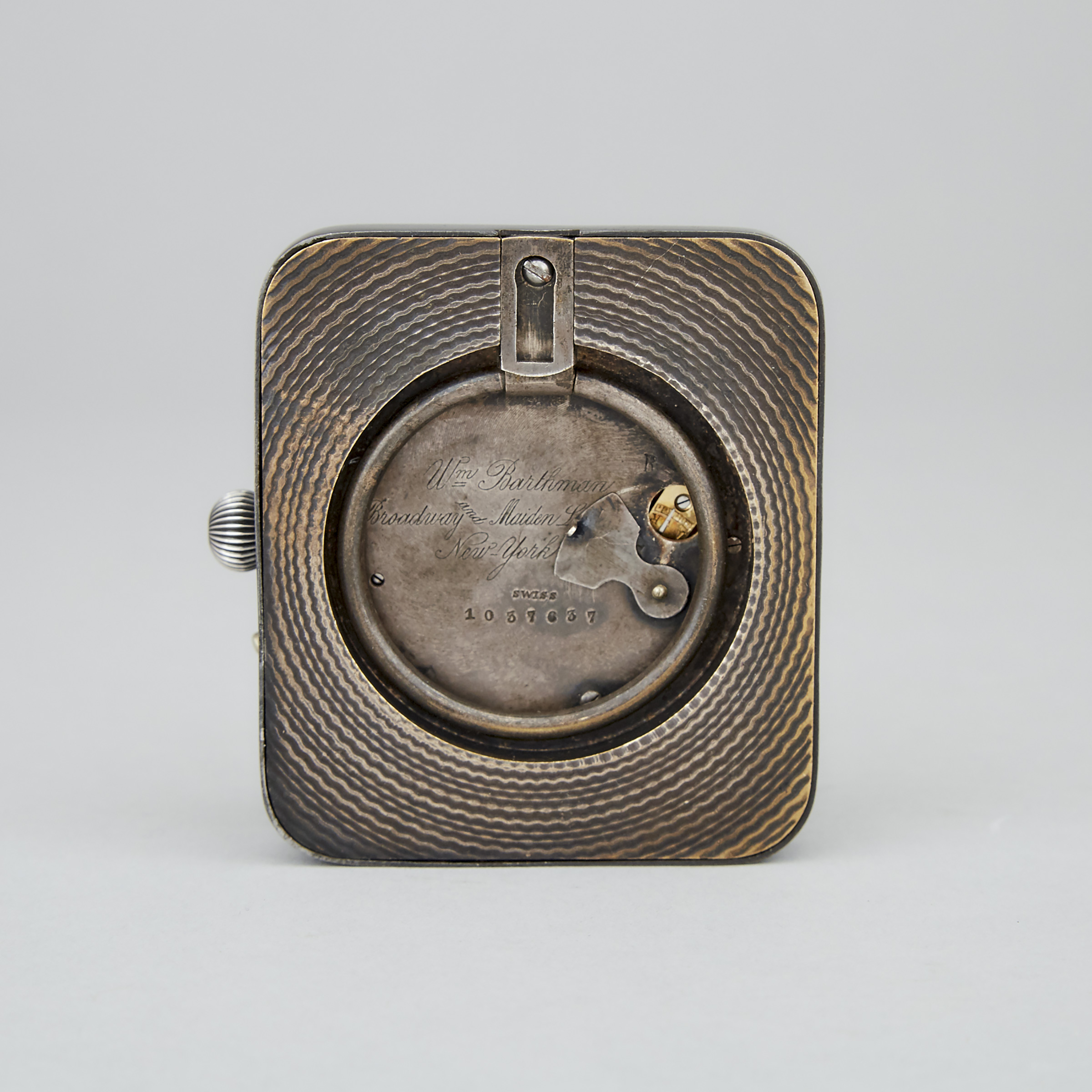 Swiss Jump Hour Desk Clock, William Barthman,  New York, c.1900 pin set; stem wind; in a gun metal case with kick-out stand