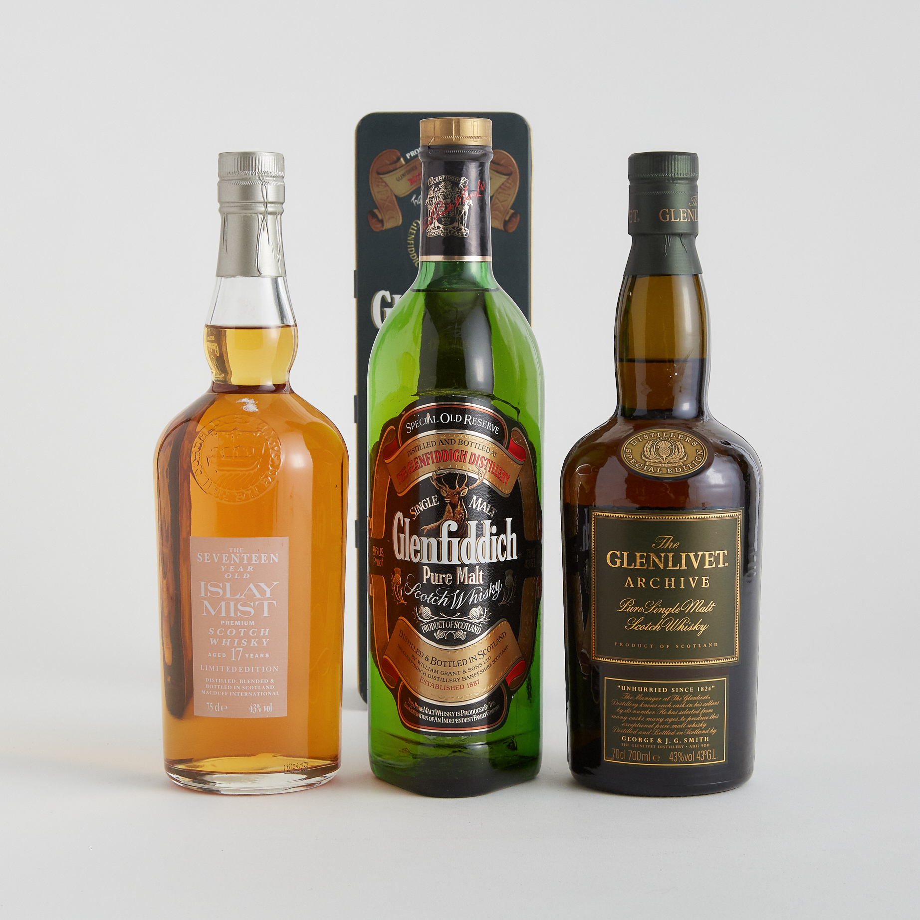 GLENFIDDICH PURE MALT SCOTCH WHISKY NAS (ONE 750 ML)
ISLAY MIST PREMIUM BLENDED SCOTCH WHISKY 17 YEARS (ONE 75 CL)
THE GLENLIVET ARCHIVE PURE SINGLE MALT SCOTCH WHISKY NAS (ONE 70 CL)