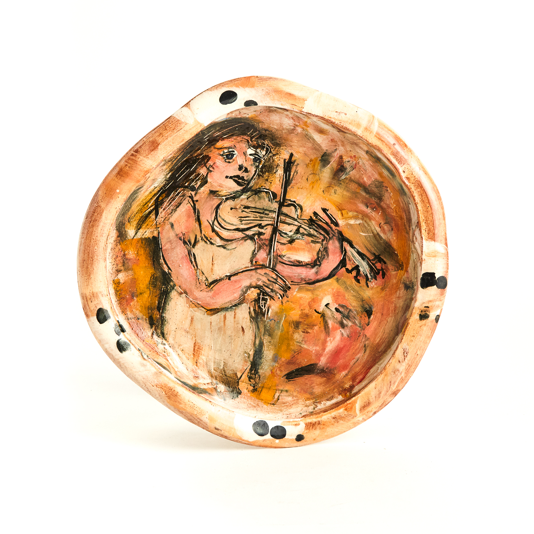 Ron Meyers (American, b.1934), Glazed Earthenware Dish with Violinist, c.2010