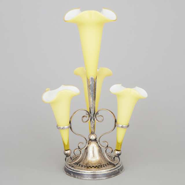 English Silver Plated and Yellow Glass Epergne, Barker Bros., early 20th century