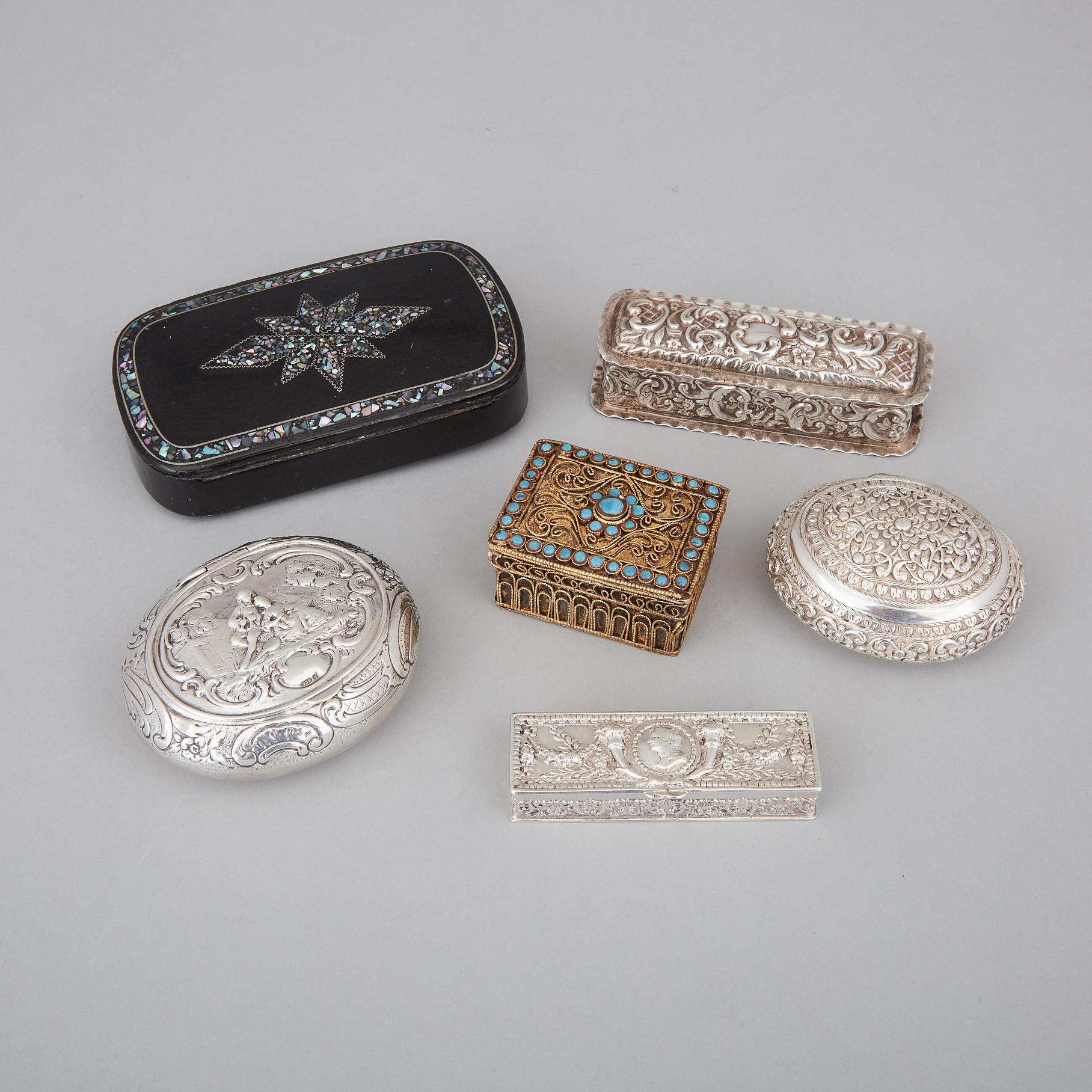 Group of Four English, Continental and Eastern Silver Boxes and Two Others, 19th/early 20th century