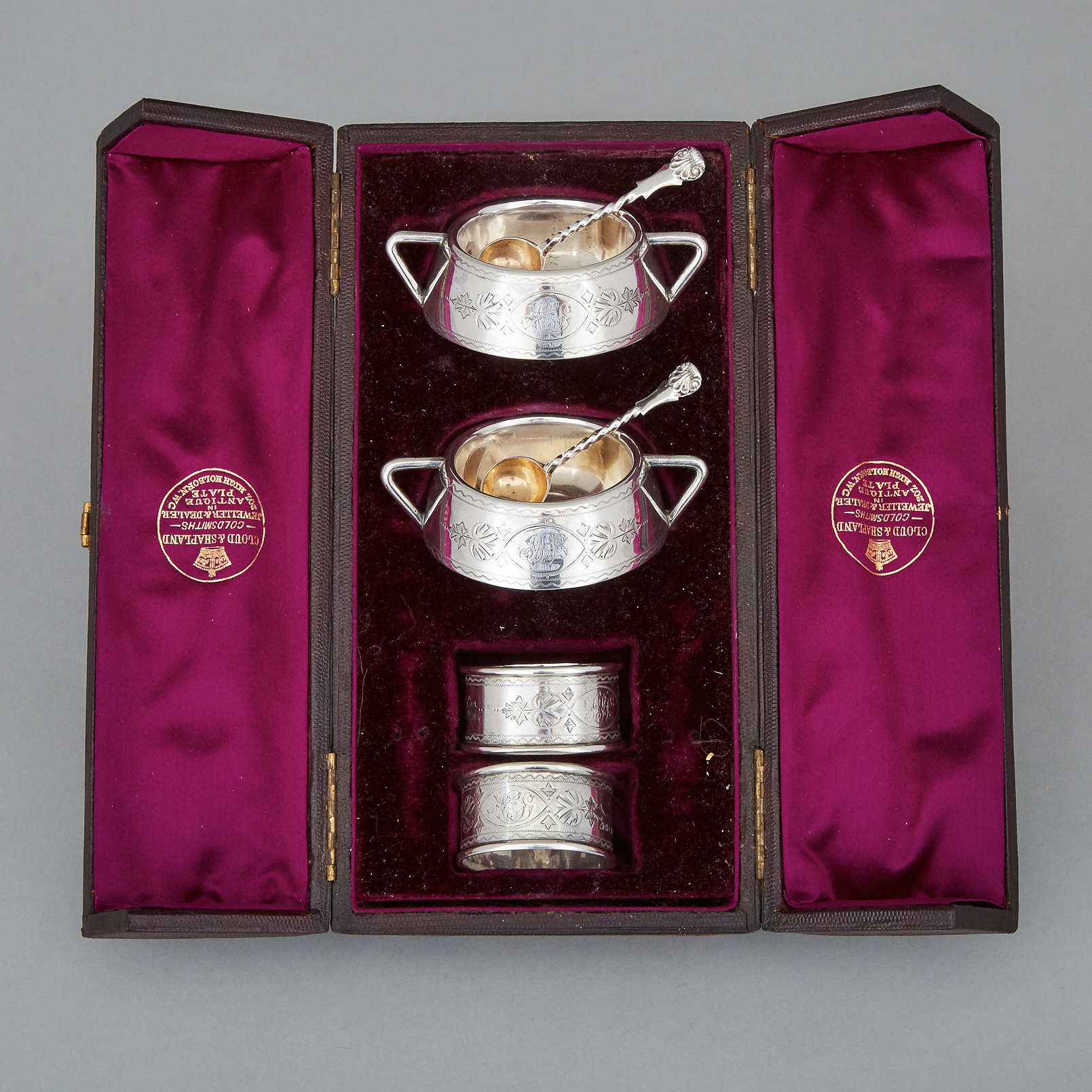 Victorian Silver Set of Two Salt Cellars with Spoons and Two Napkin Rings, Richard Martin and Ebenezer Hall, Sheffield and London, 1875