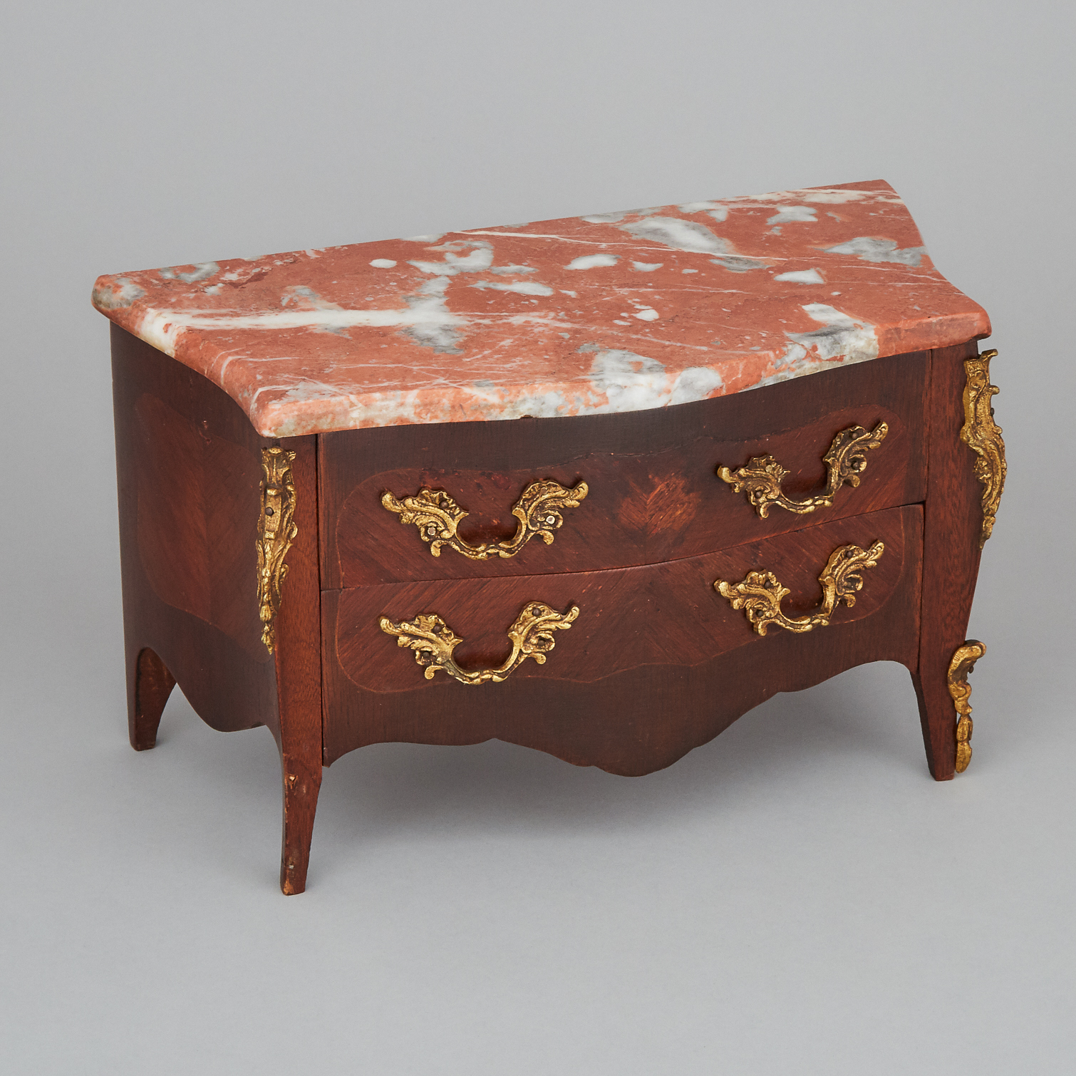 Miniature French Ormolu Mounted Kingwood Parquetry Bombé Chest, mid 20th century