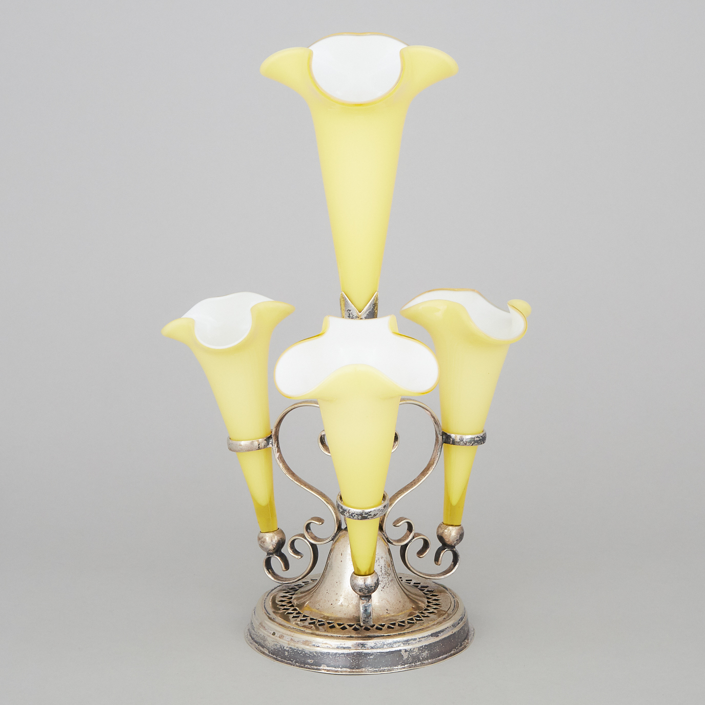 English Silver Plated and Yellow Glass Epergne, Barker Bros., early 20th century