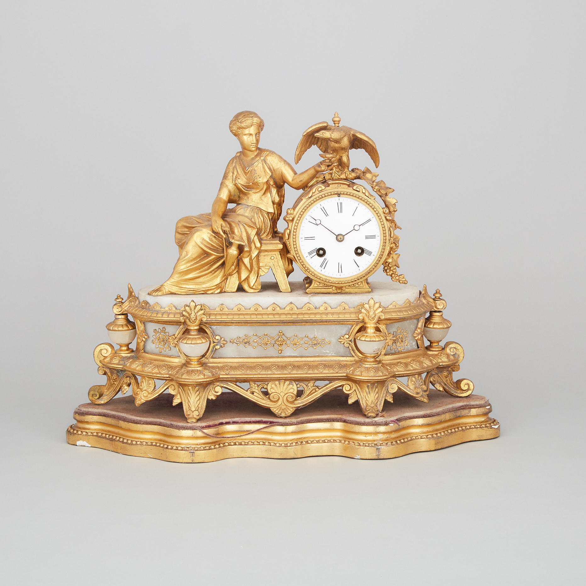 French Alabaster Mounted Gilt Metal Figural Mantel Clock, c.1870