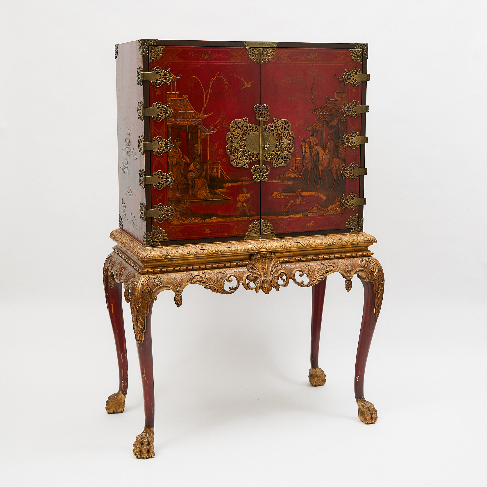 Chinoiserie Red Japanned Cabinet on Stand, early 20th century