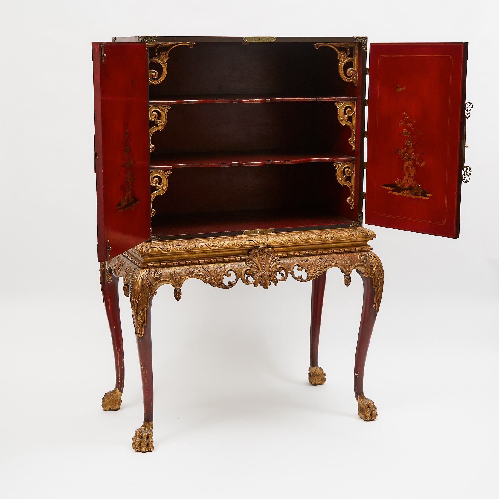 Chinoiserie Red Japanned Cabinet on Stand, early 20th century