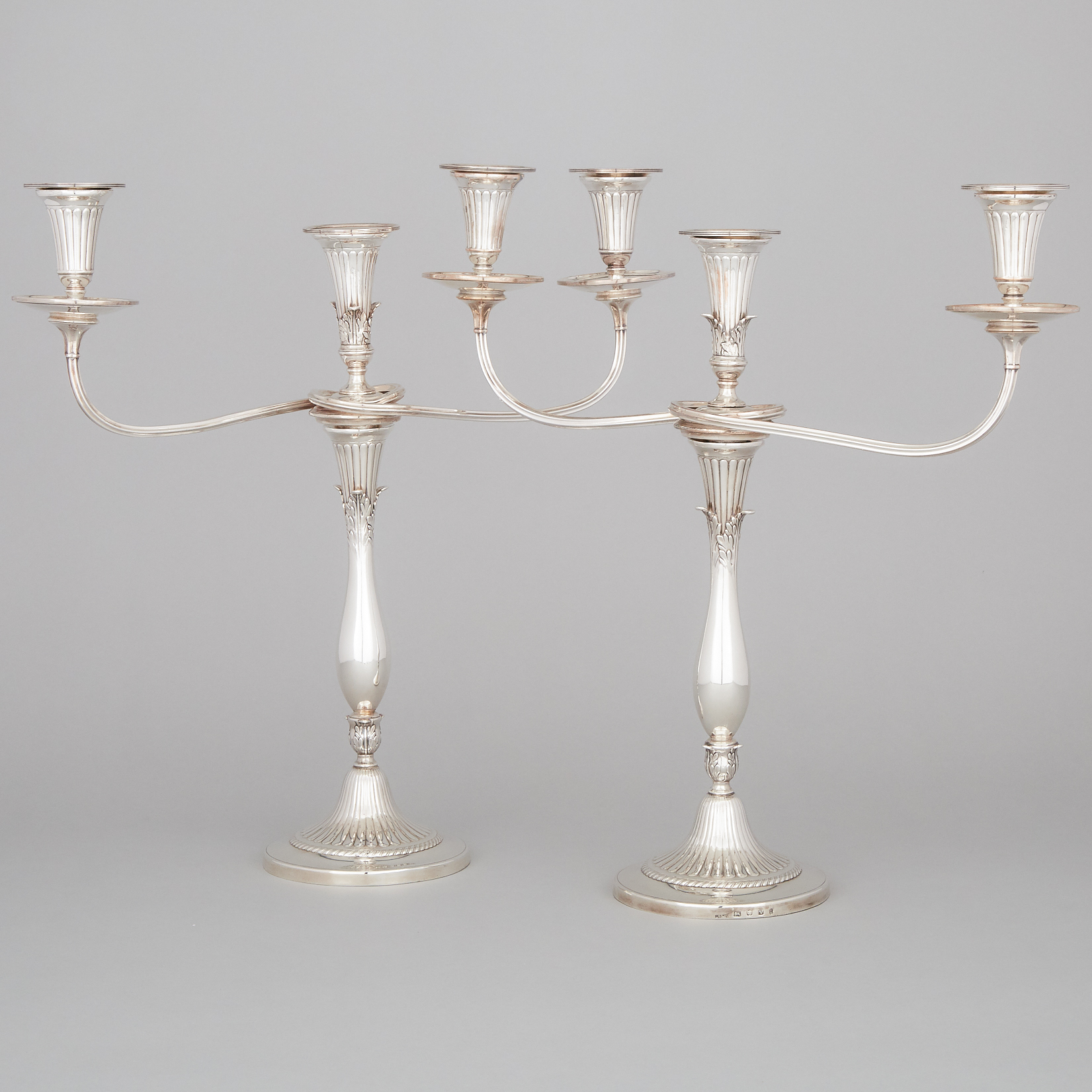 Pair of George III Silver Three-Light Candelabra, John Green, Roberts, Mosley & Co., Sheffield, 1798