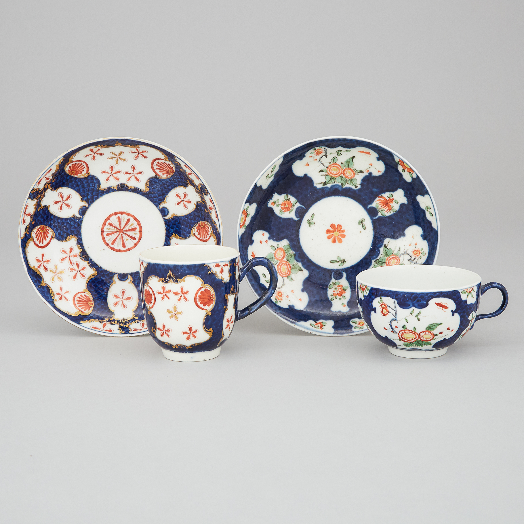 Two Worcester Scale Blue Ground Cups and Saucers, c.1770
