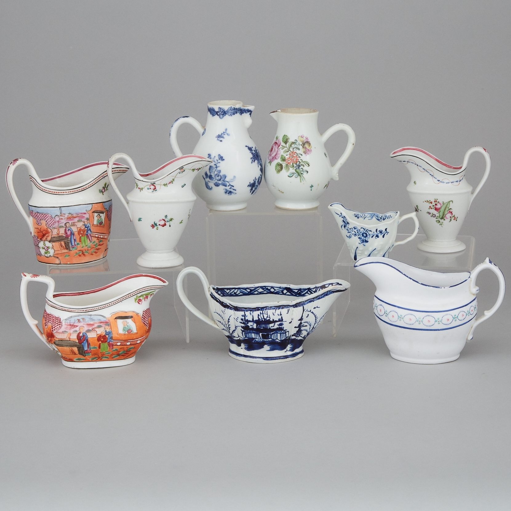 Nine Various English and Continental Porcelain and Pottery Cream Jugs and Sauce Boats, 18th/19th century