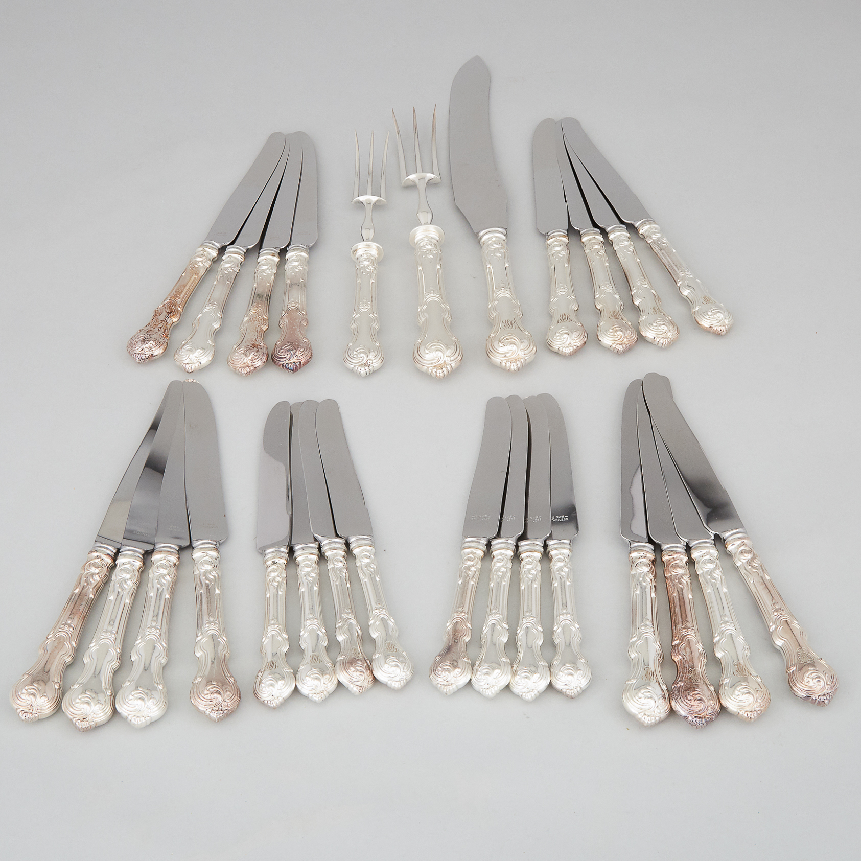 Sixteen French Silver Plated Table Knives, Eight Luncheon Knives and a Three-Piece Carving Set, Christofle, c.1900