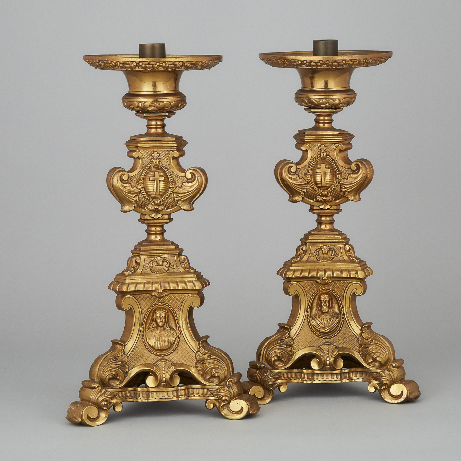 Pair of Large Ecclesiastical Lacquered Brass Pricket Style Candelsticks, 19th/early 20th century