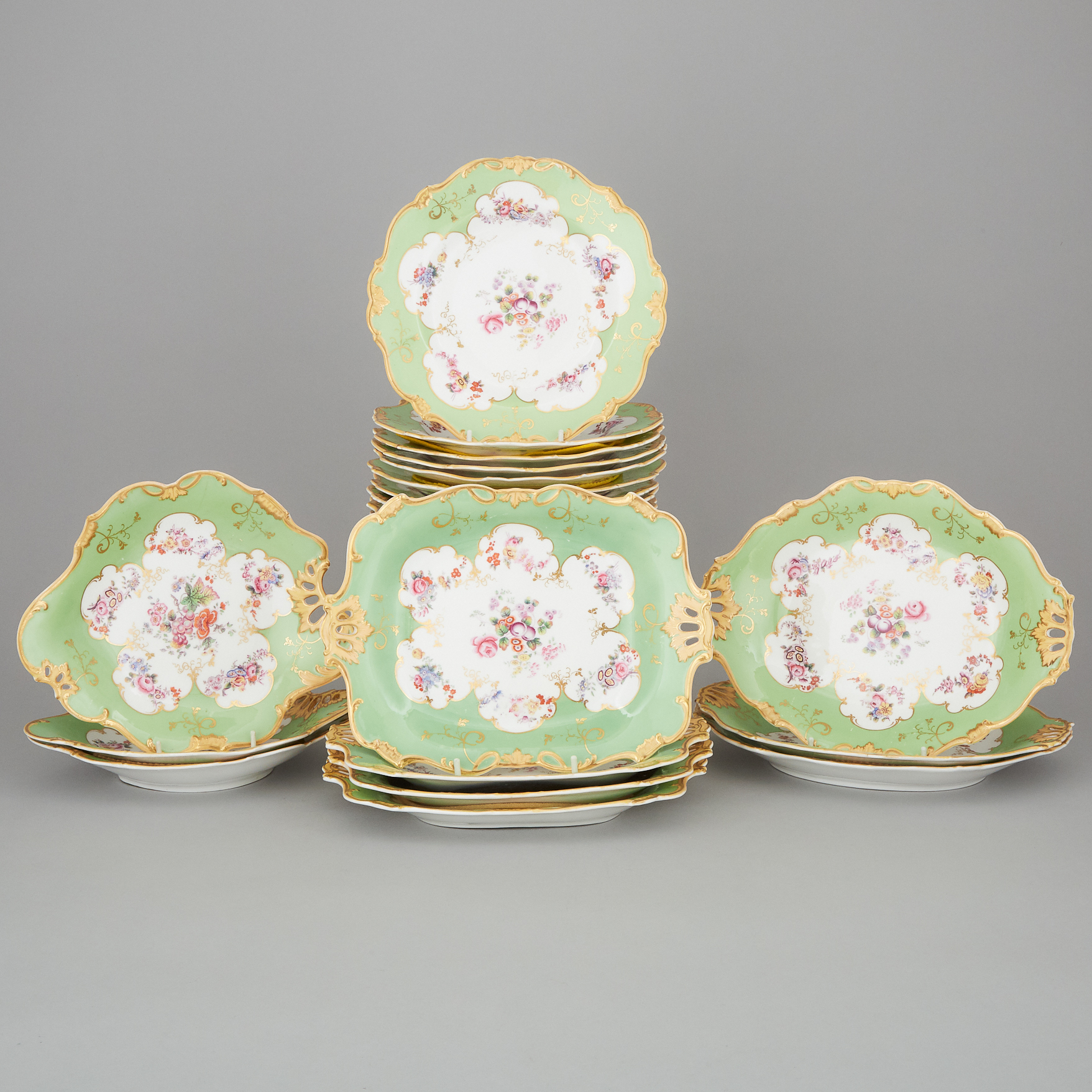 English Porcelain Apple Green Ground Dessert Service, possibly Coalport, mid-19th century