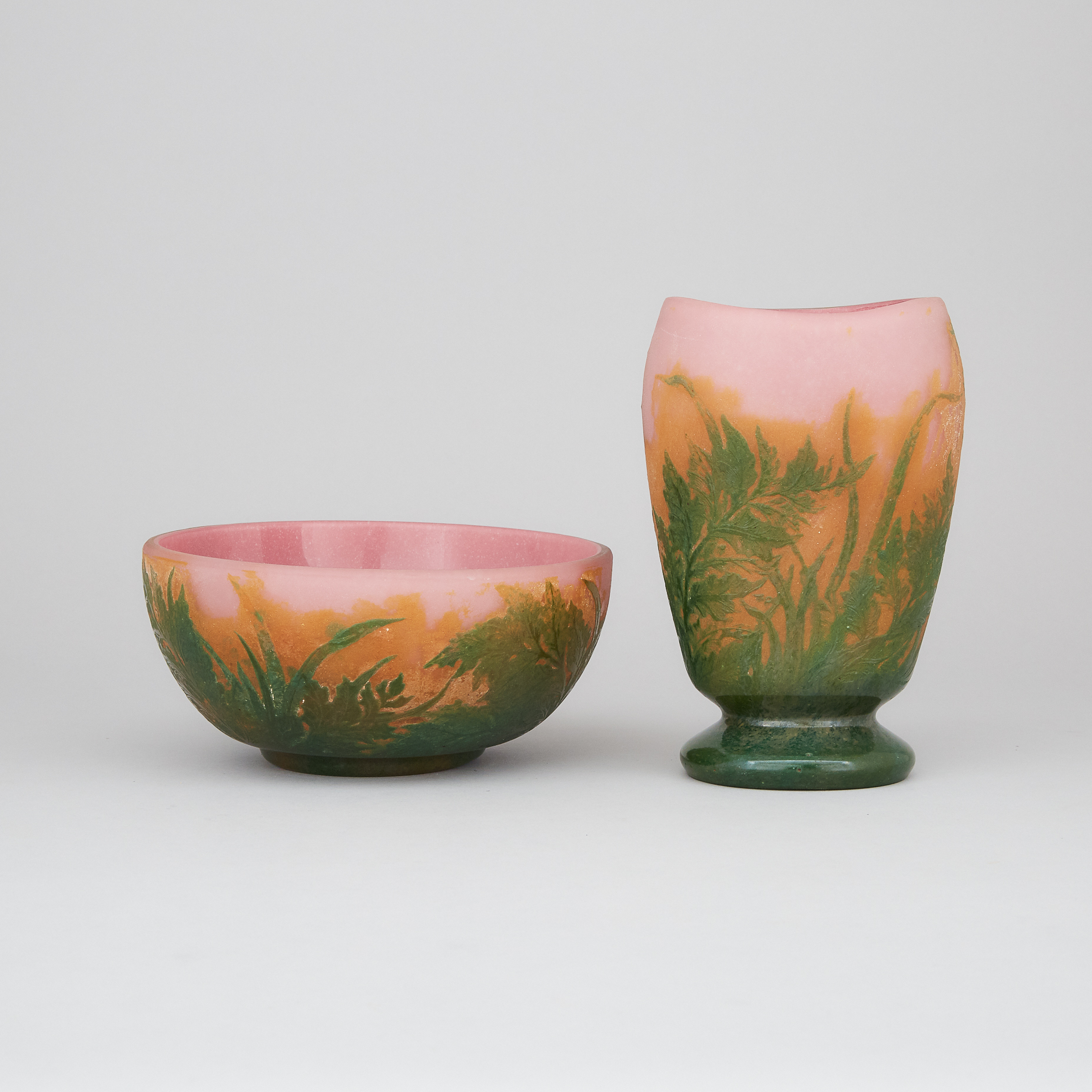 Romanian Daum Style Cameo Glass Vase and Bowl, 20th century