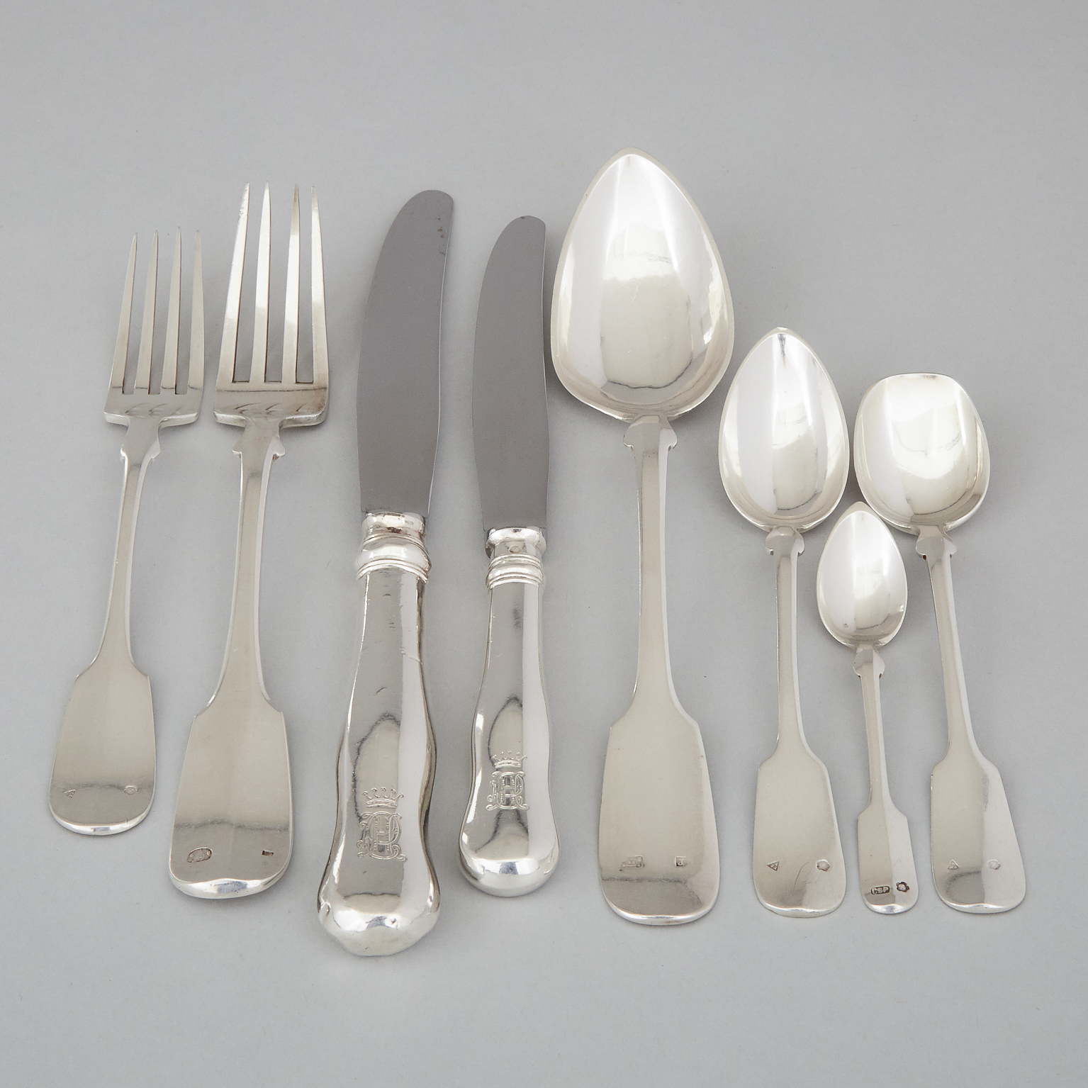 Assembled Austro-Hungarian Silver Fiddle Pattern Flatware Service, mid-19th century