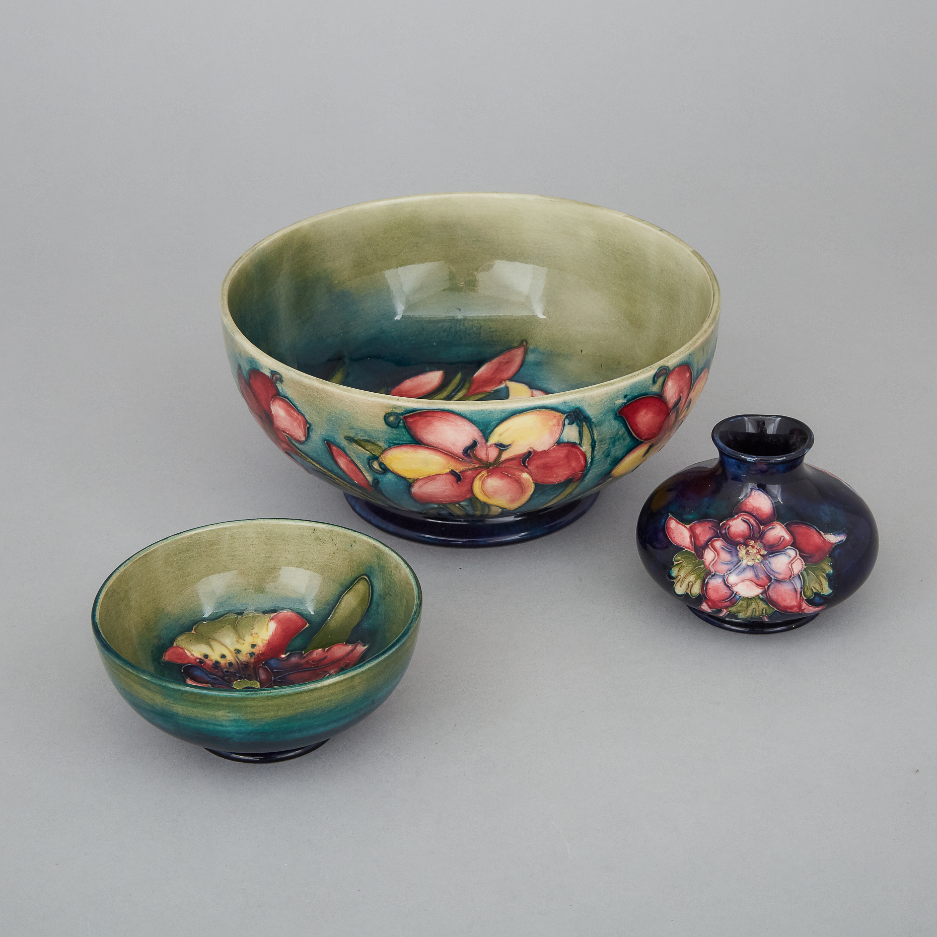 Two Moorcroft Bowls and a Small Vase, mid-20th century