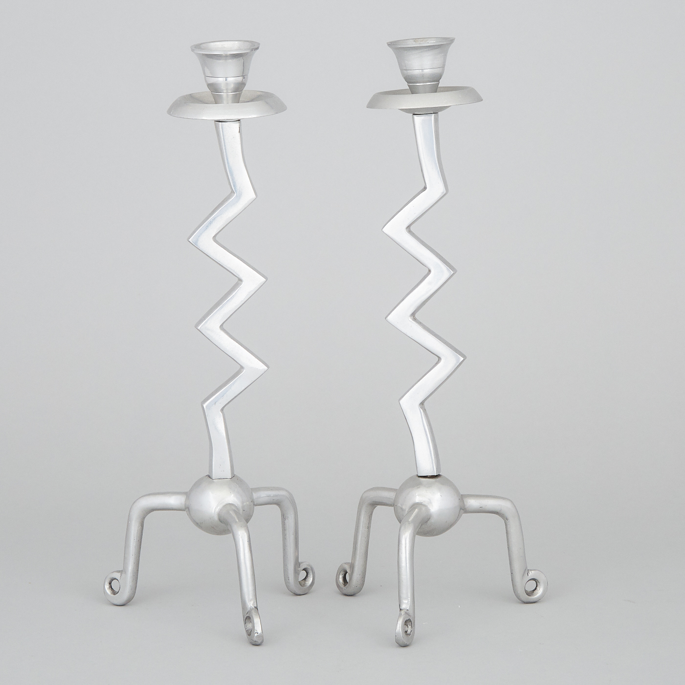 Pair of Memphis Style 'Zigzag' Aluminium Candlesticks, 20th century