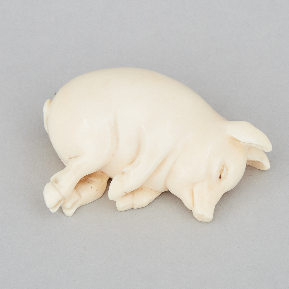 Small Edwardian Carved Ivory Model of a Sleeping 'Lucky Pig', Andrew Barrett & Son, Picadilly, early 20th century