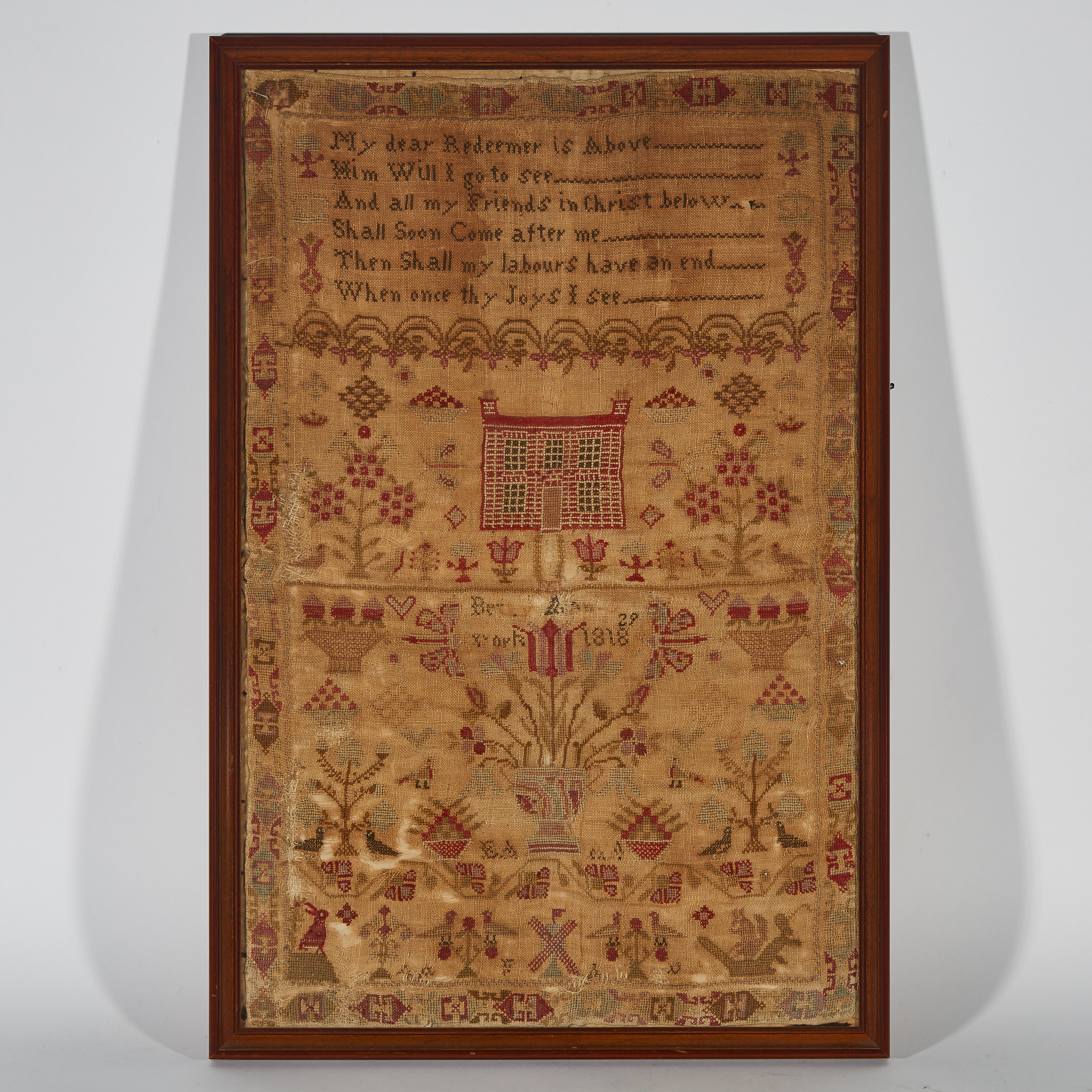 Georgian Canadian Needle Work Pictorial Sampler with Prayer, Signed Indistinctly, York, 1818