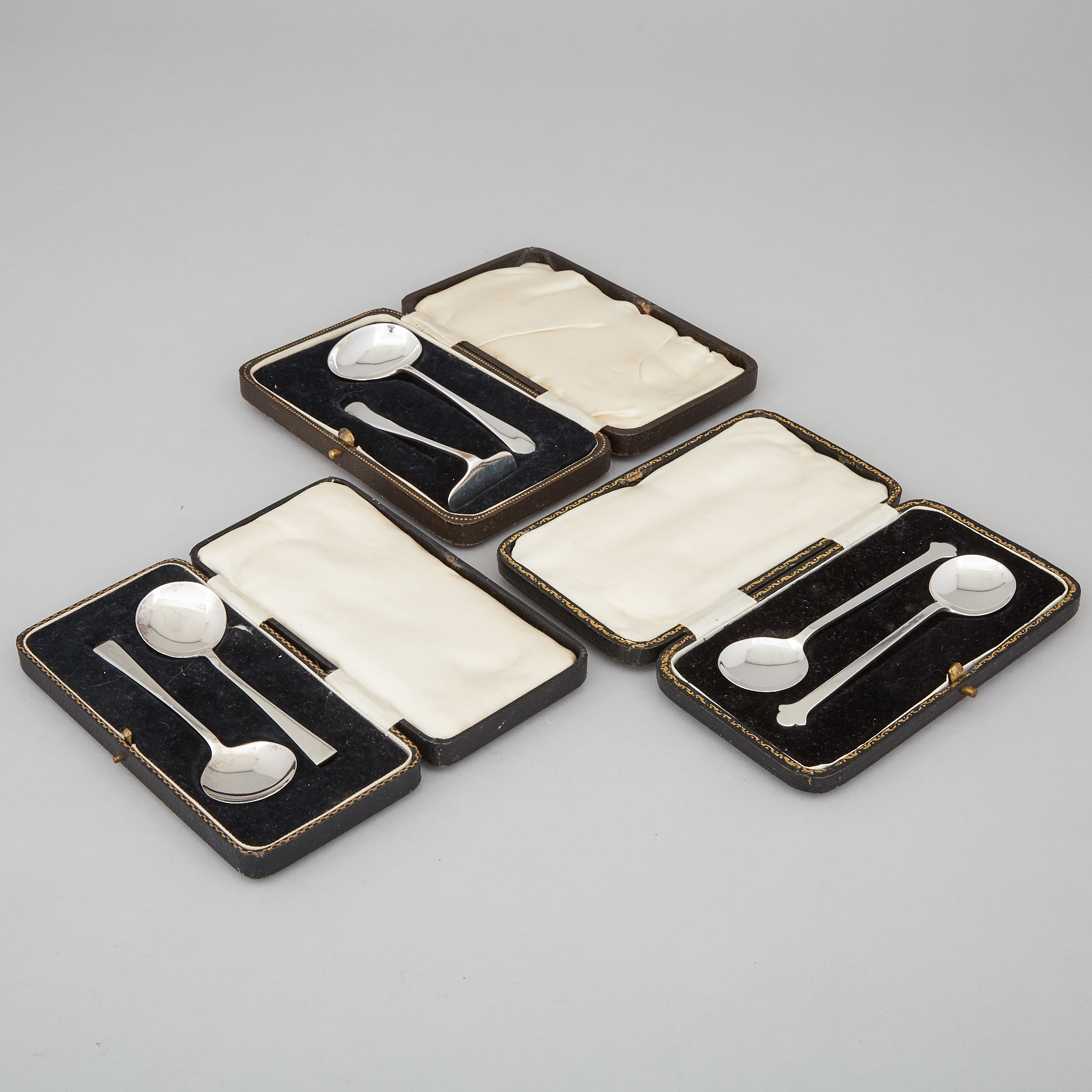 English Silver Baby's Pusher and Spoon and Two Pairs of Small Spoons, Sheffield, 1929-36