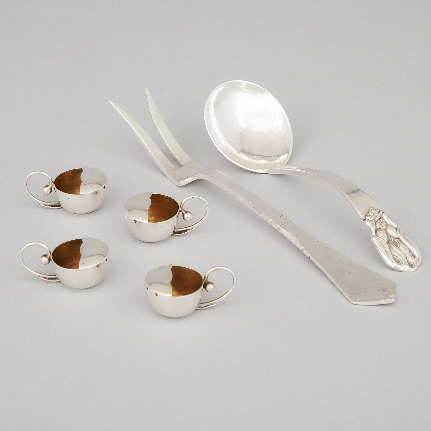 Canadian Silver Serving Fork, Sauce Ladle and Four Salts, Carl Poul Petersen, Montreal, Que., mid-20th century