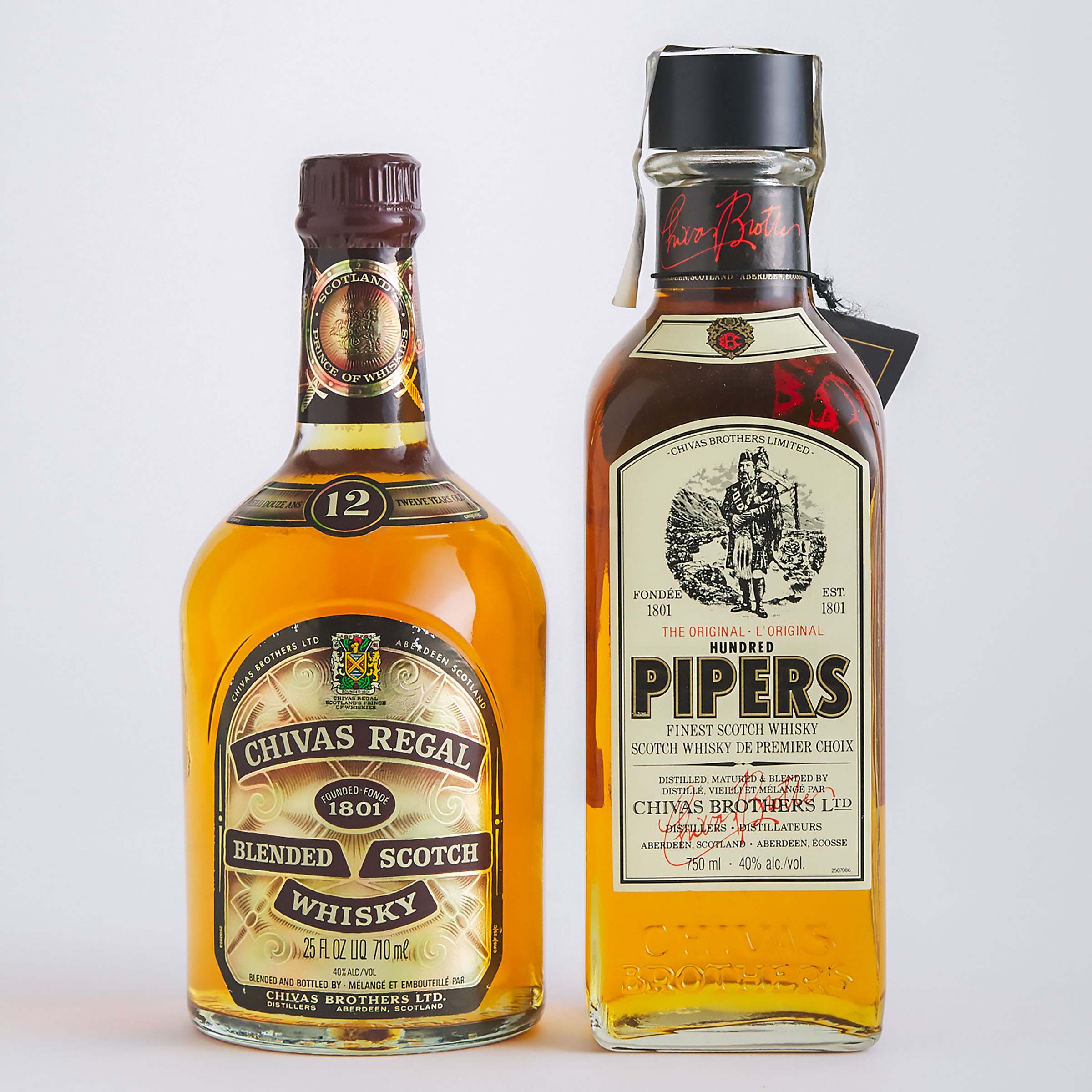 CHIVAS REGAL BLENDED SCOTCH WHISKY 12 YEARS (ONE 710 ML)
HUNDRED PIPERS SCOTCH WHISKY (ONE 750 ML)