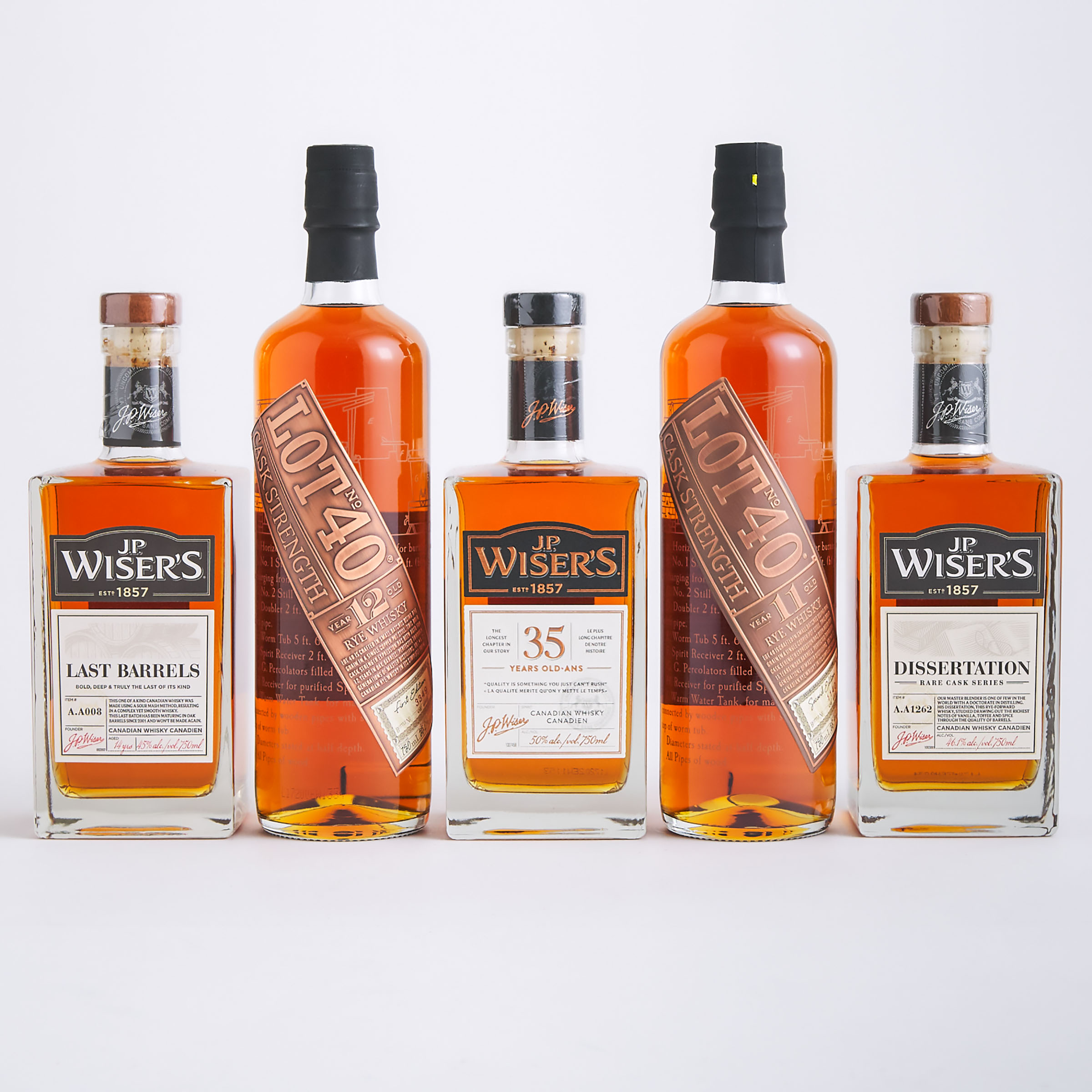 J.P. WISER'S 35 YEAR OLD CANADIAN WHISKY 35 YEARS (ONE 750 ML)
J.P. WISER'S DISSERTATION CANADIAN WHISKY NAS (ONE 750 ML)
J.P. WISER'S LAST BARRELS CANADIAN WHISKY NAS (ONE 750 ML)
LOT 40 CASK STRENGTH RYE WHISKY 12 YEARS (ONE 750 ML)
LOT 40 CASK STRENGTH RYE WHISKY 11 YEARS (ONE 750 ML)