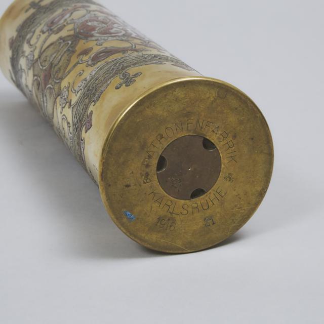 Syrian Islamic 'Trench Art' Silver and Copper Inlaid German Brass Shell Casing, early 20th century