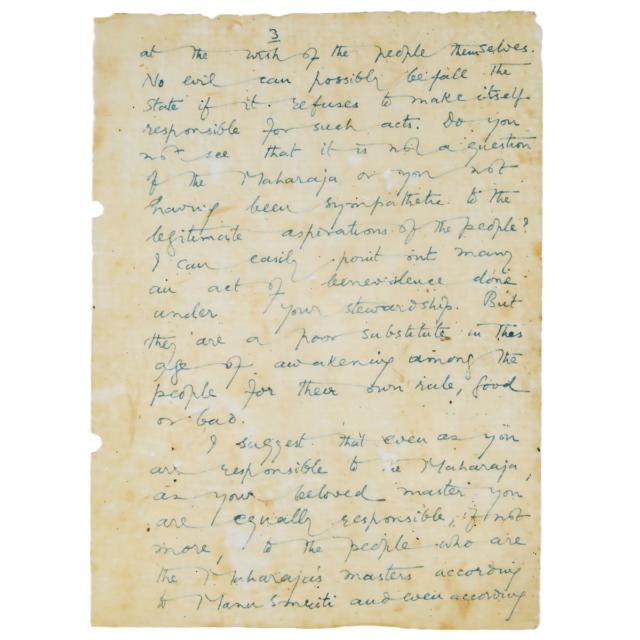 Mohandas Karamchand Gandhi (Mahatma Gandhi) (1869-1948) Letter Signed, To Diwan Sir Mirza Ismail, Peshawar, May 8, 1938