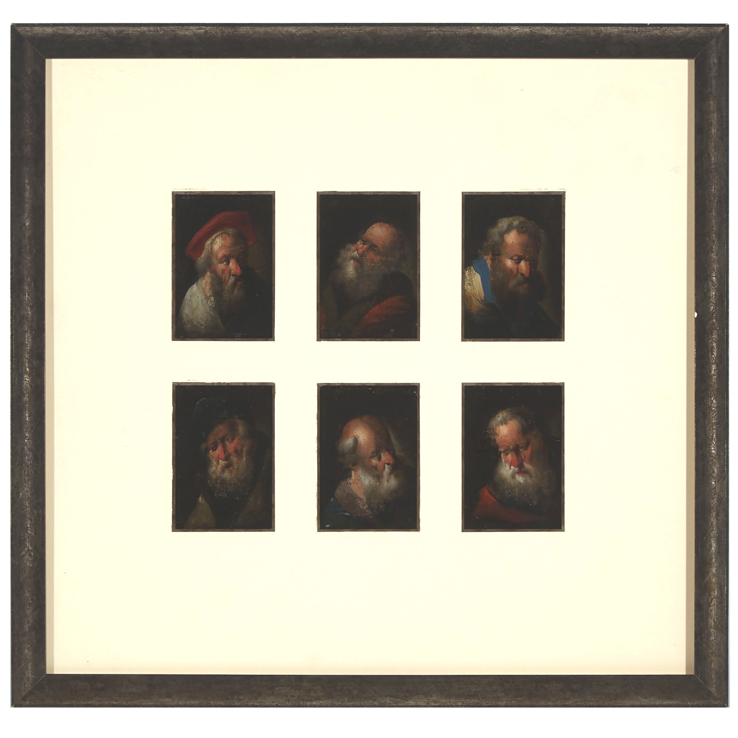 Set of Six Dutch School Portrait Miniatures of Apostles Painted on Playing Cards, c.1700