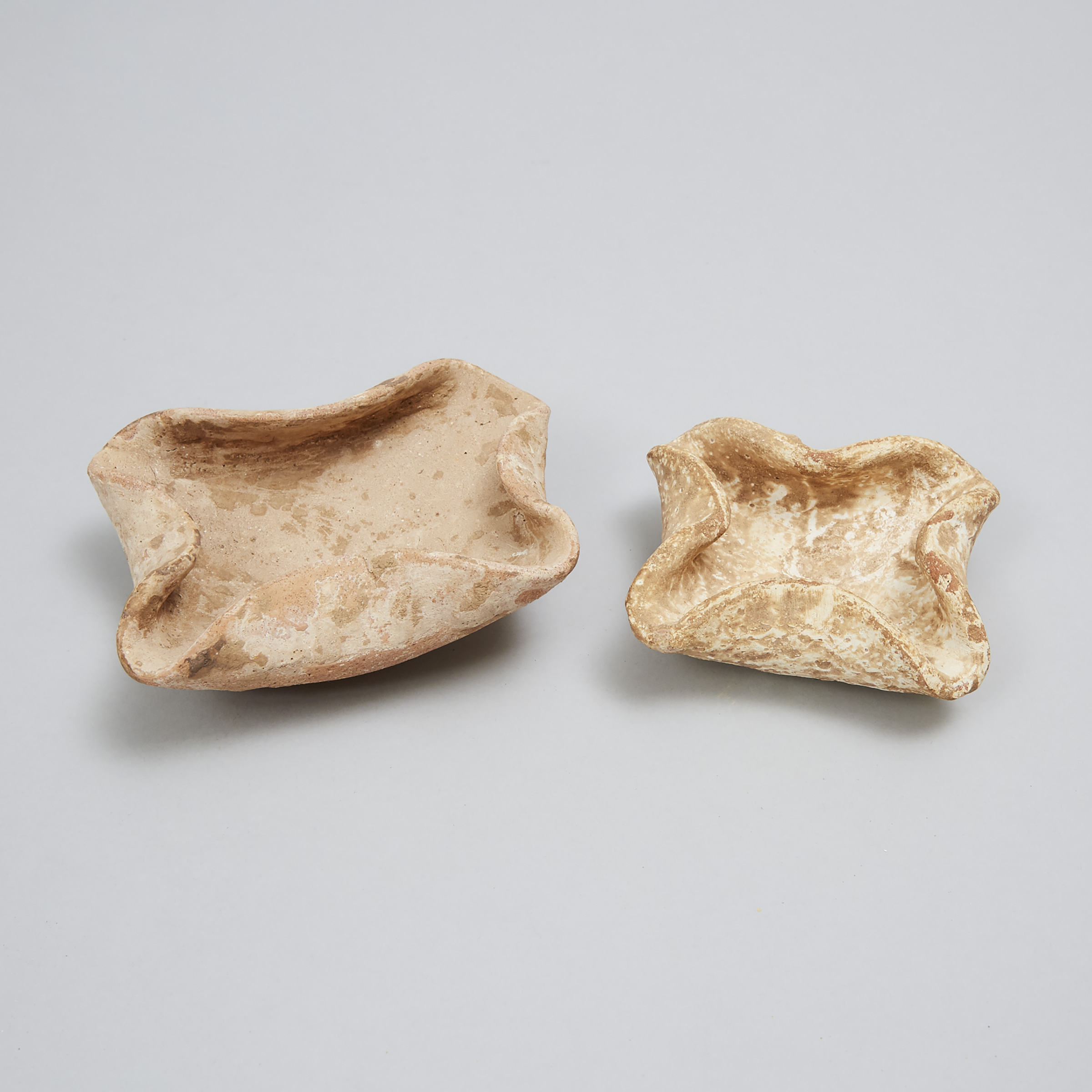 Two Early Bronze Age Levantine-Holy Land Pottery Quatrefoil Saucer Oil Lamps, Early Bronze Age, 2200-2000 B.C.