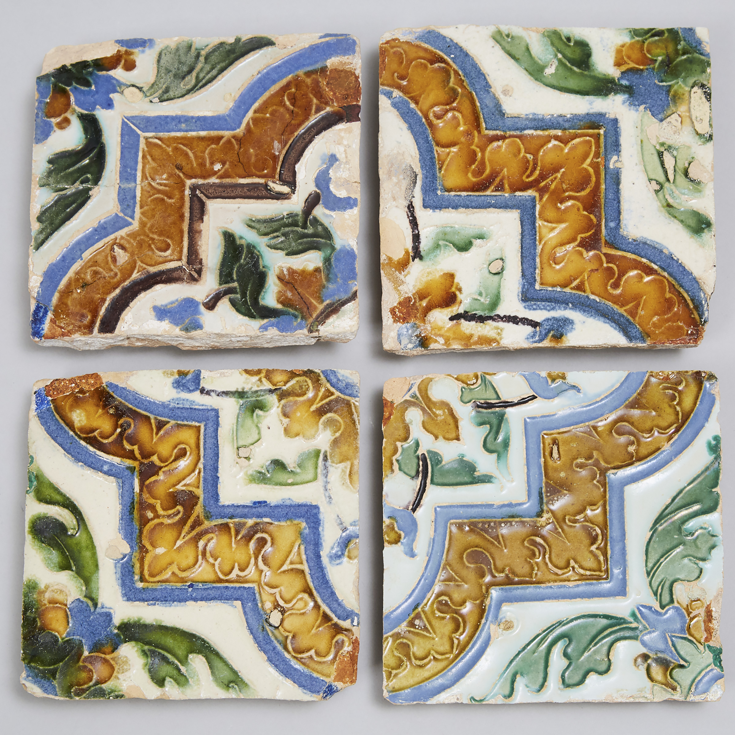 Matched Set of Four Spanish Arista Pottery Tiles, Sevilla, 16th century