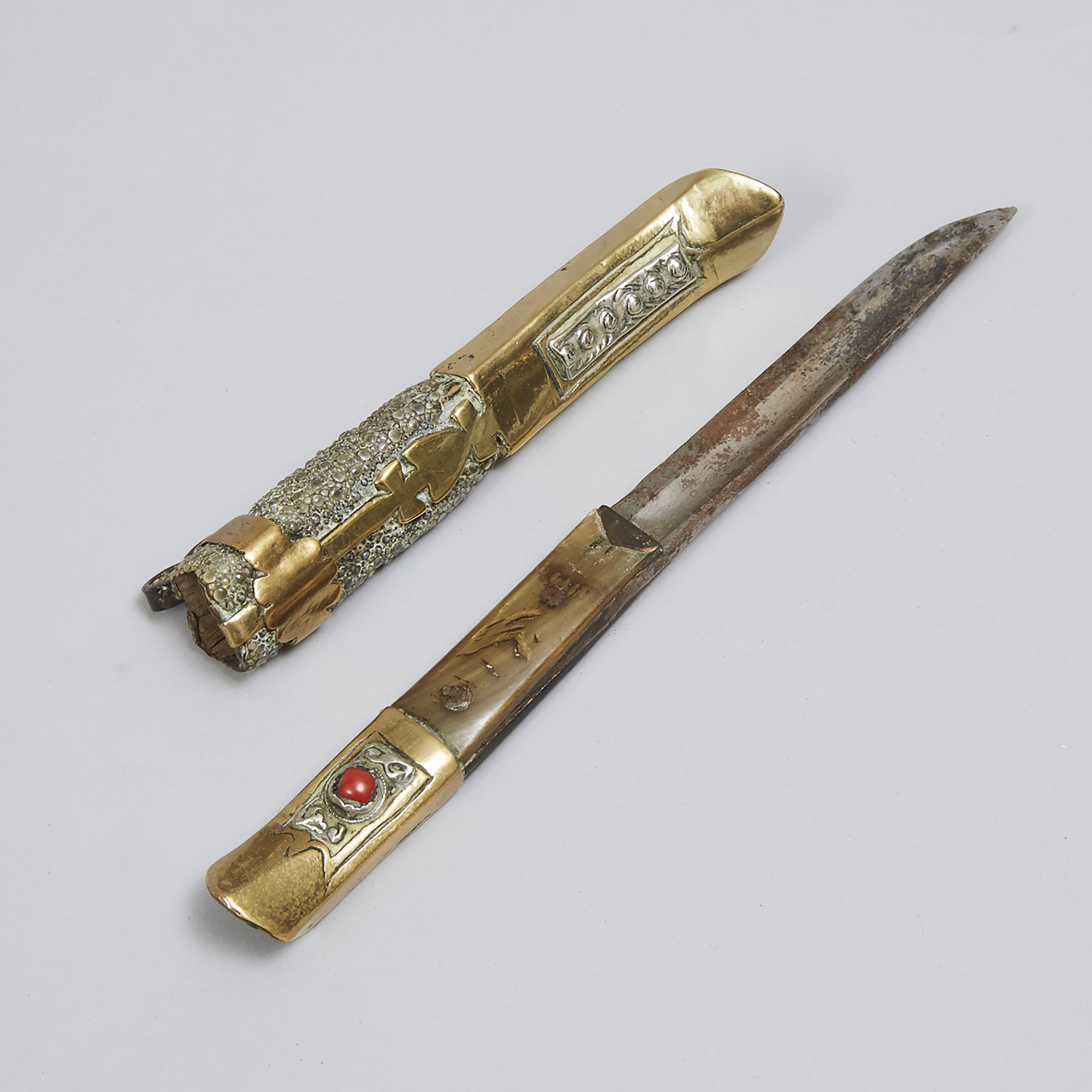 Tibetan Brass, Copper and Silver Mounted Lothi Knife, c.1900