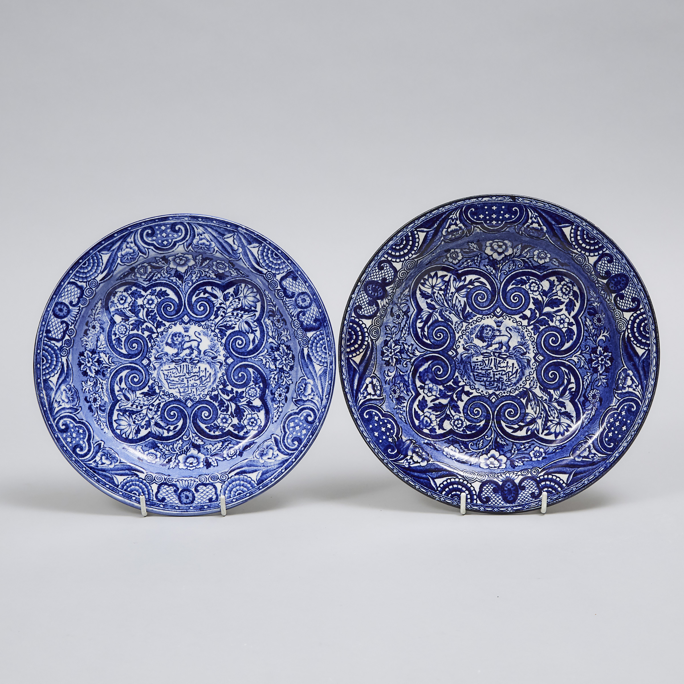 Two Staffordshire Pottery Blue and White Transferware 'Alahambra' Pattern Plates for the Persian Market, British Anchor Pottery, c.1864