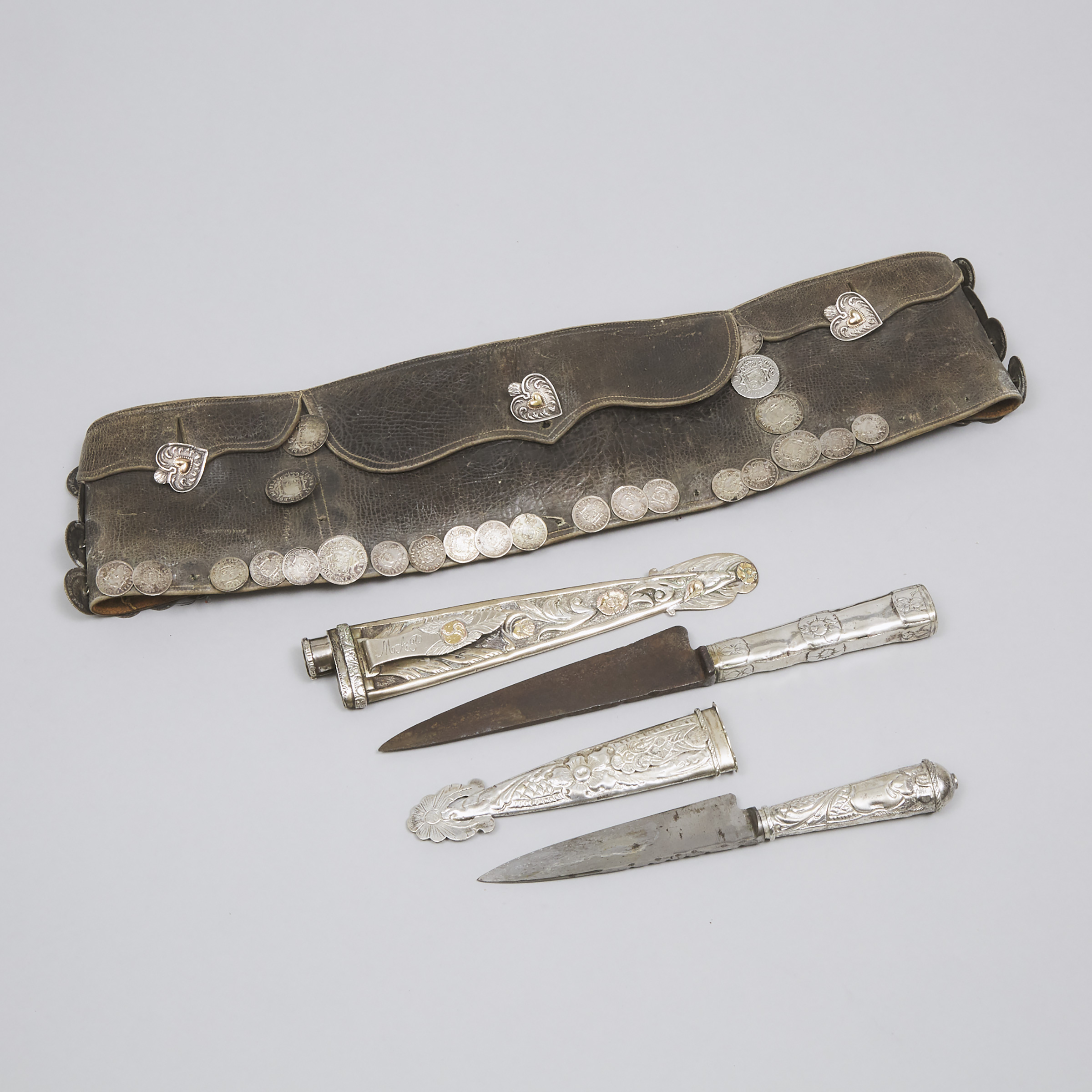 Argentine Silver Gaucho Coin Belt and Two Knives, 19th/early 20th century