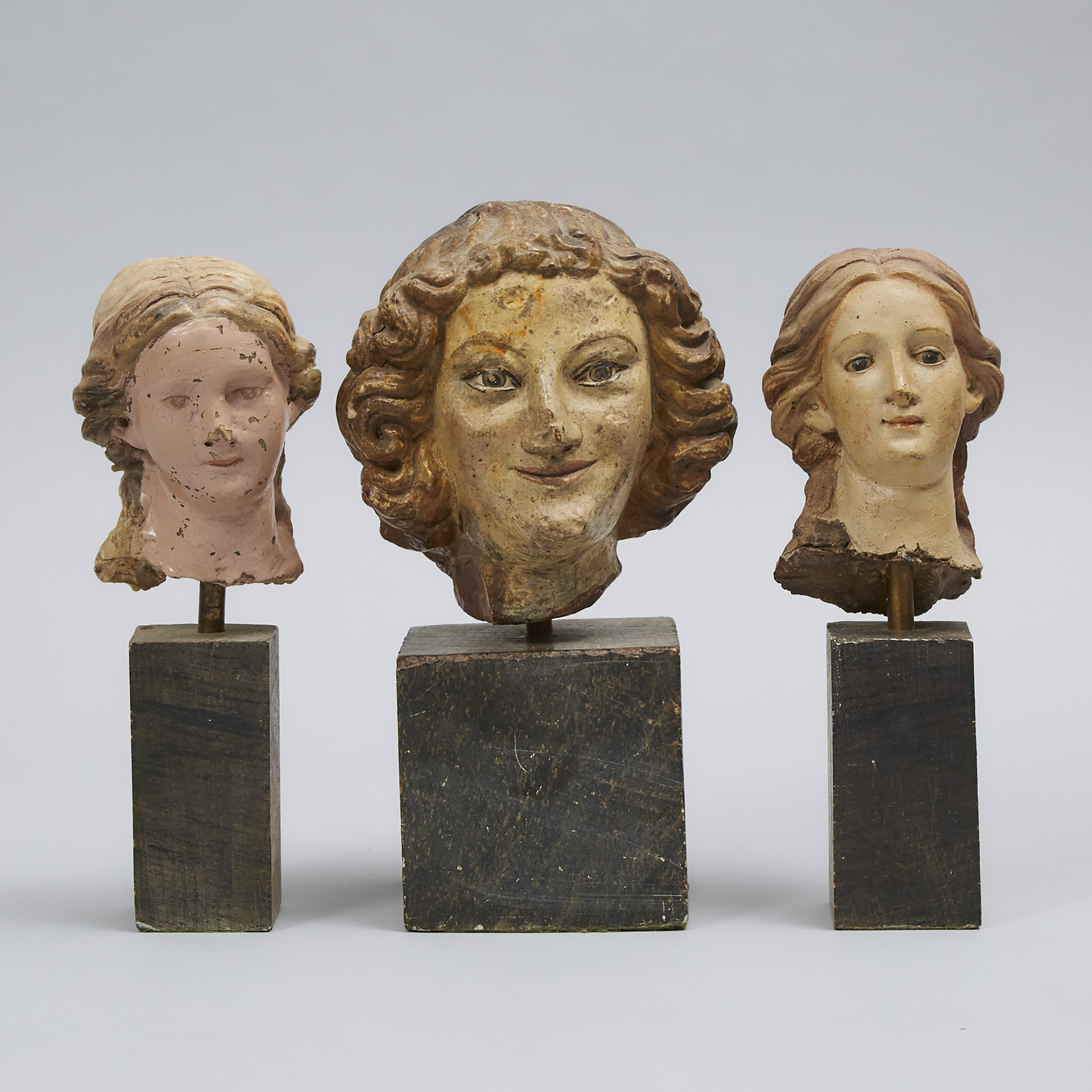 Three Ecclesiastical Polychromed Plaster Composite Heads, 19th/early 20th century 