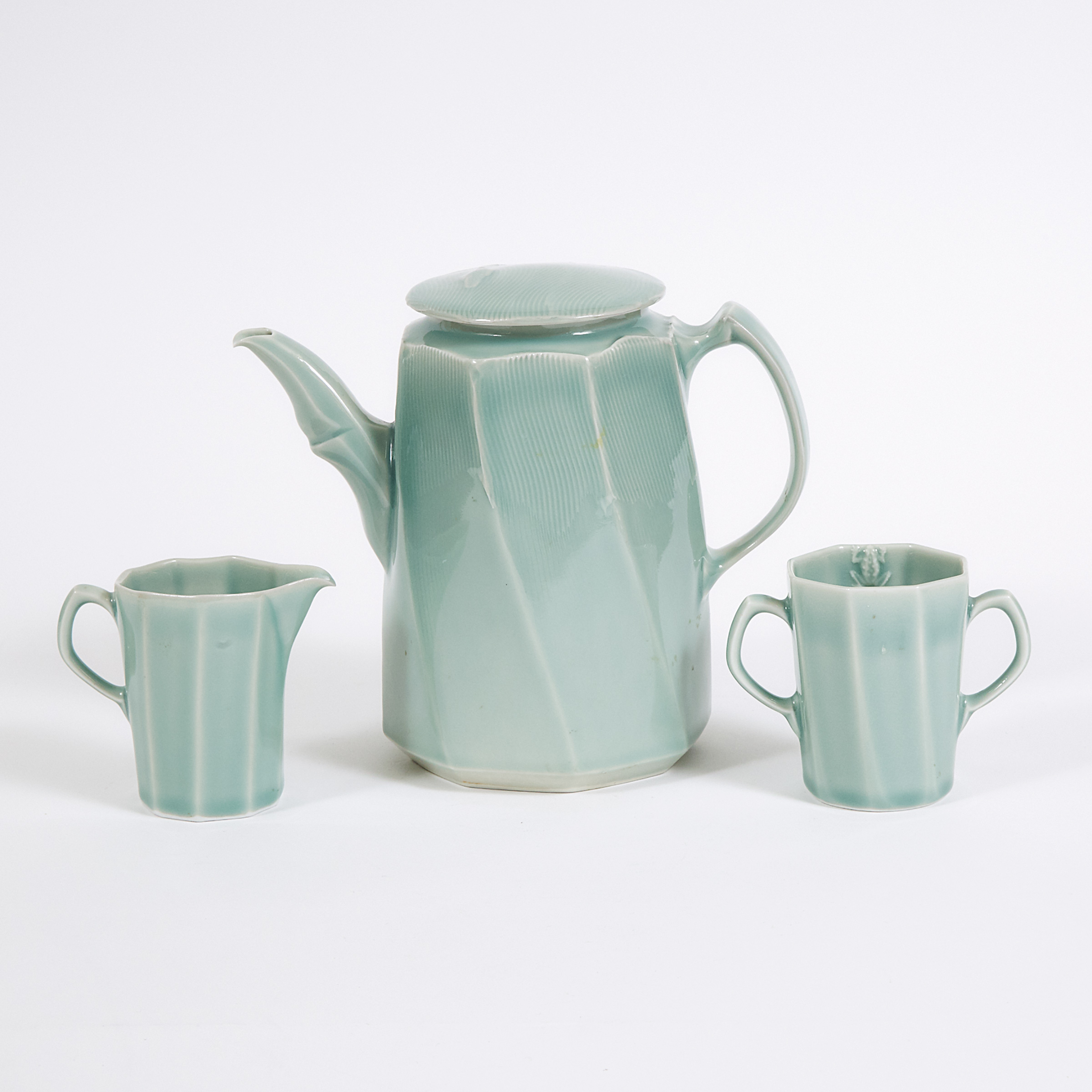 Harlan House (Canadian, b.1943), Celadon Glazed and Moulded Three-Piece Tea Set, 1988
