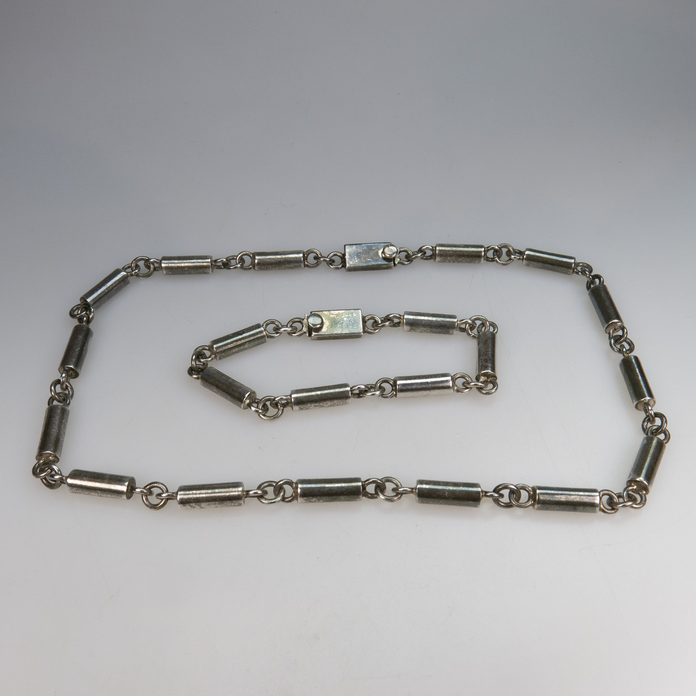 Mexican Sterling Silver Barrel Link Chain And Bracelet