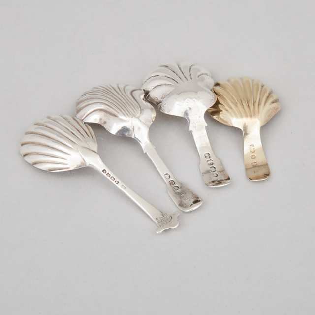 Four Georgian and Victorian Silver Shell Shaped Caddy Spoons, London, 1793-1868