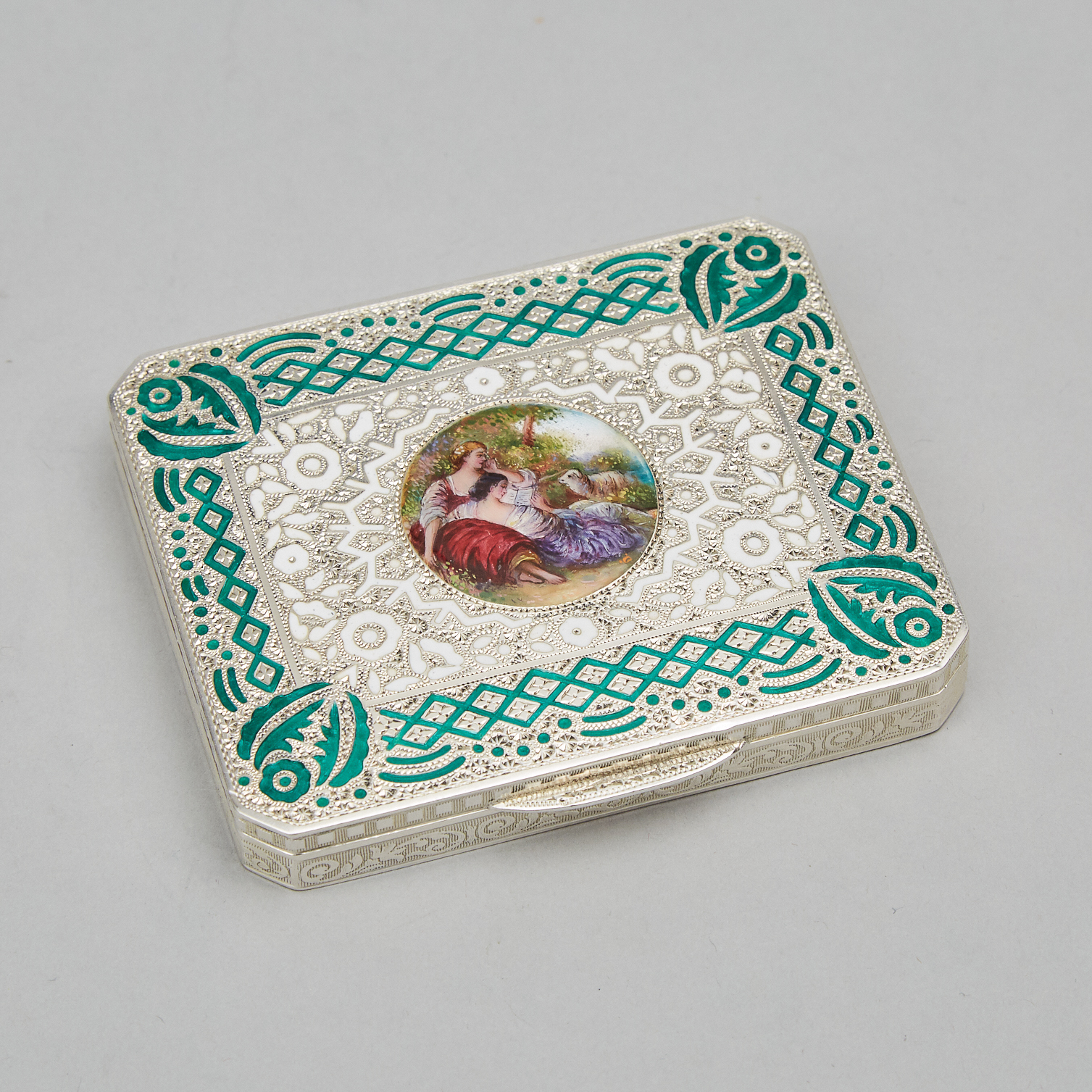Continental Engraved and Enameled Silver Cigarette Case, 20th century