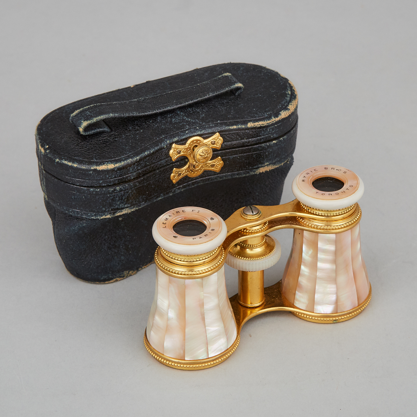 Pair of Abalone Veneered Gilt Brass Opera Glasses by LeMaire, Paris