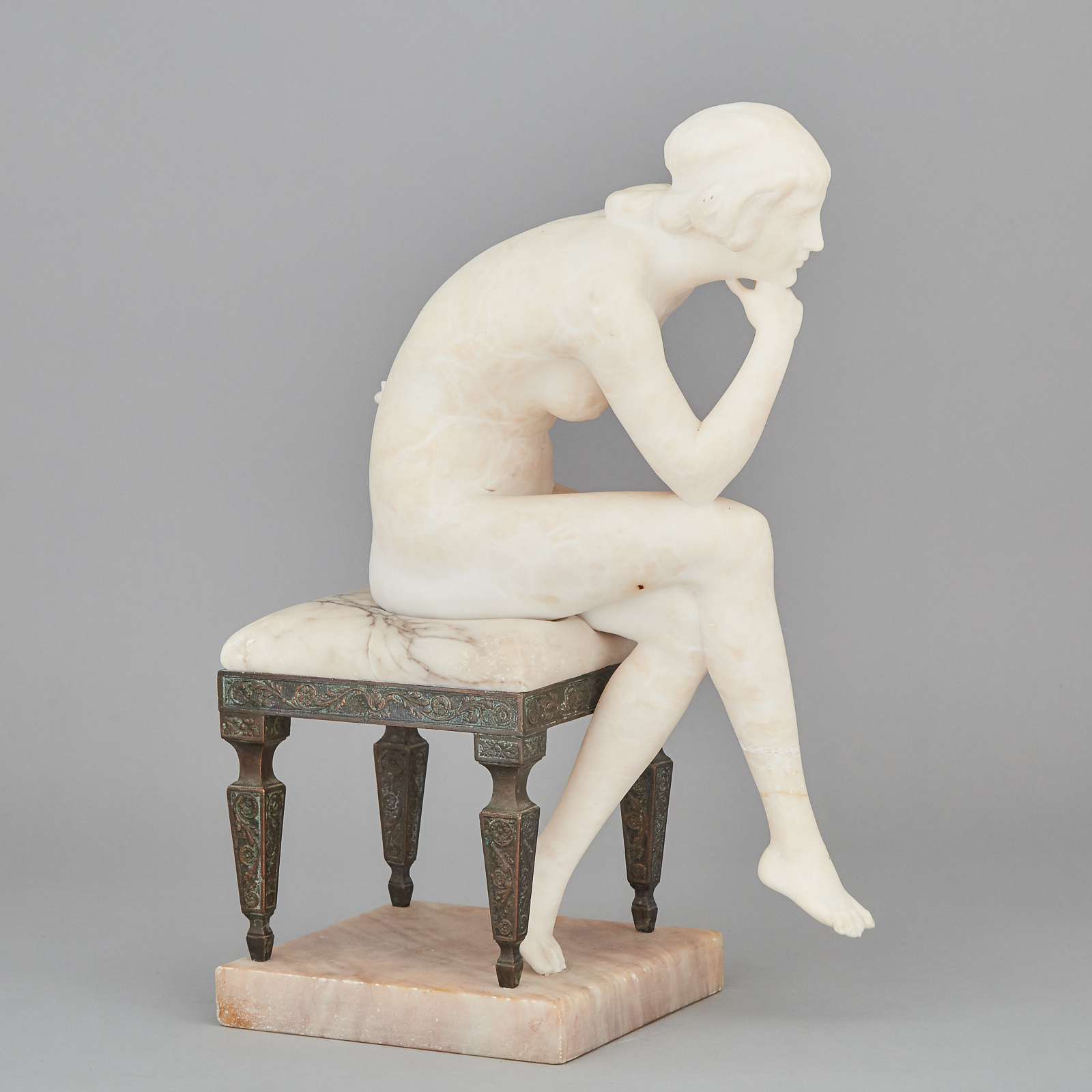 Italian School Alabaster and Bronze Model of a Seated Nude, signed Prof. Pattavino, c.1920