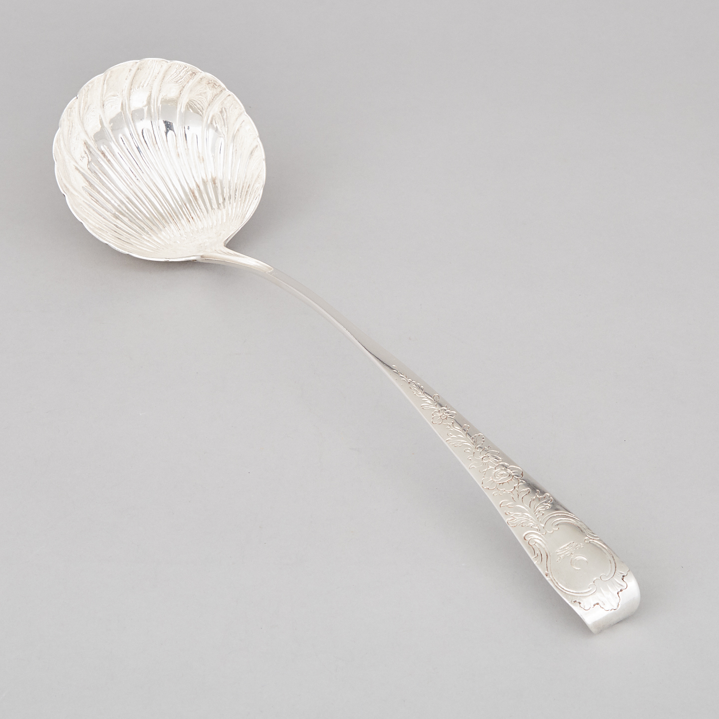 George III Irish Silver Engraved Hook-End Soup Ladle, Dublin, 1761