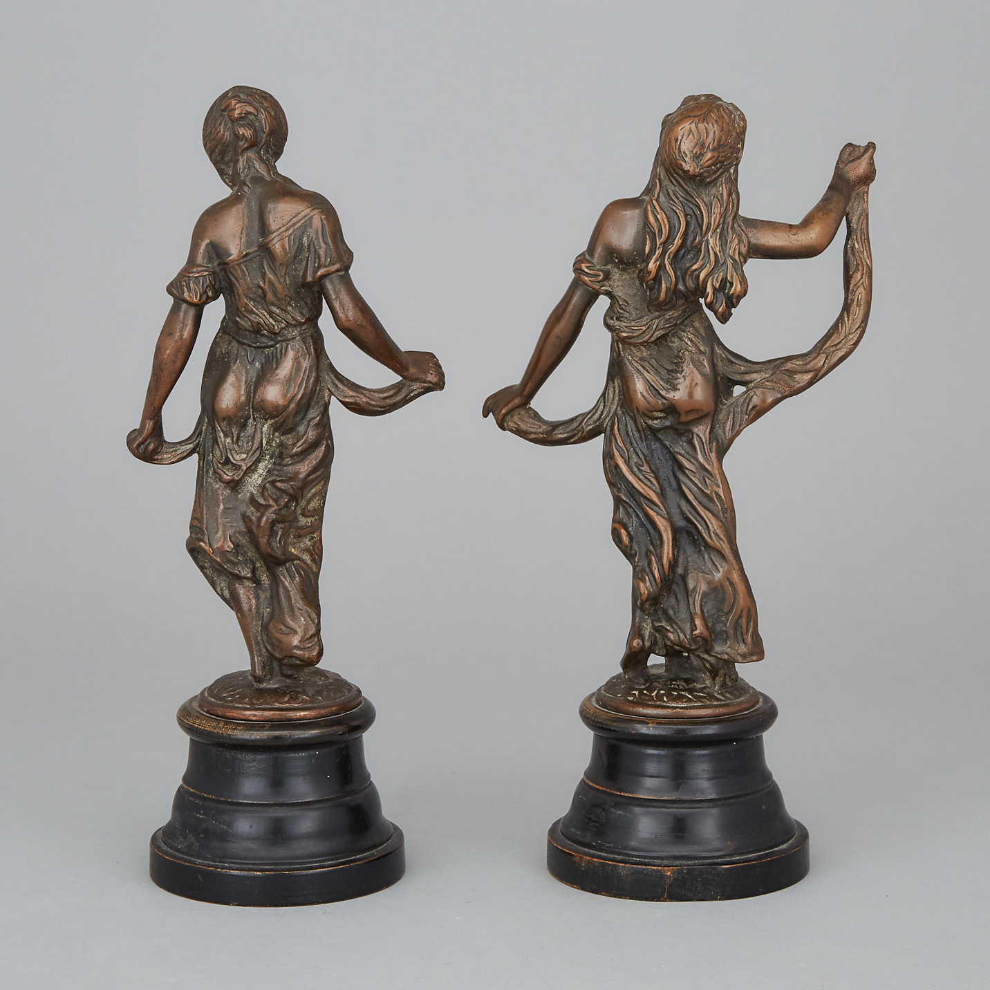 Pair of Victorian Allegorical Patinated Bronze Figures Titled 'Modiste' and 'Gaieté' 19th century