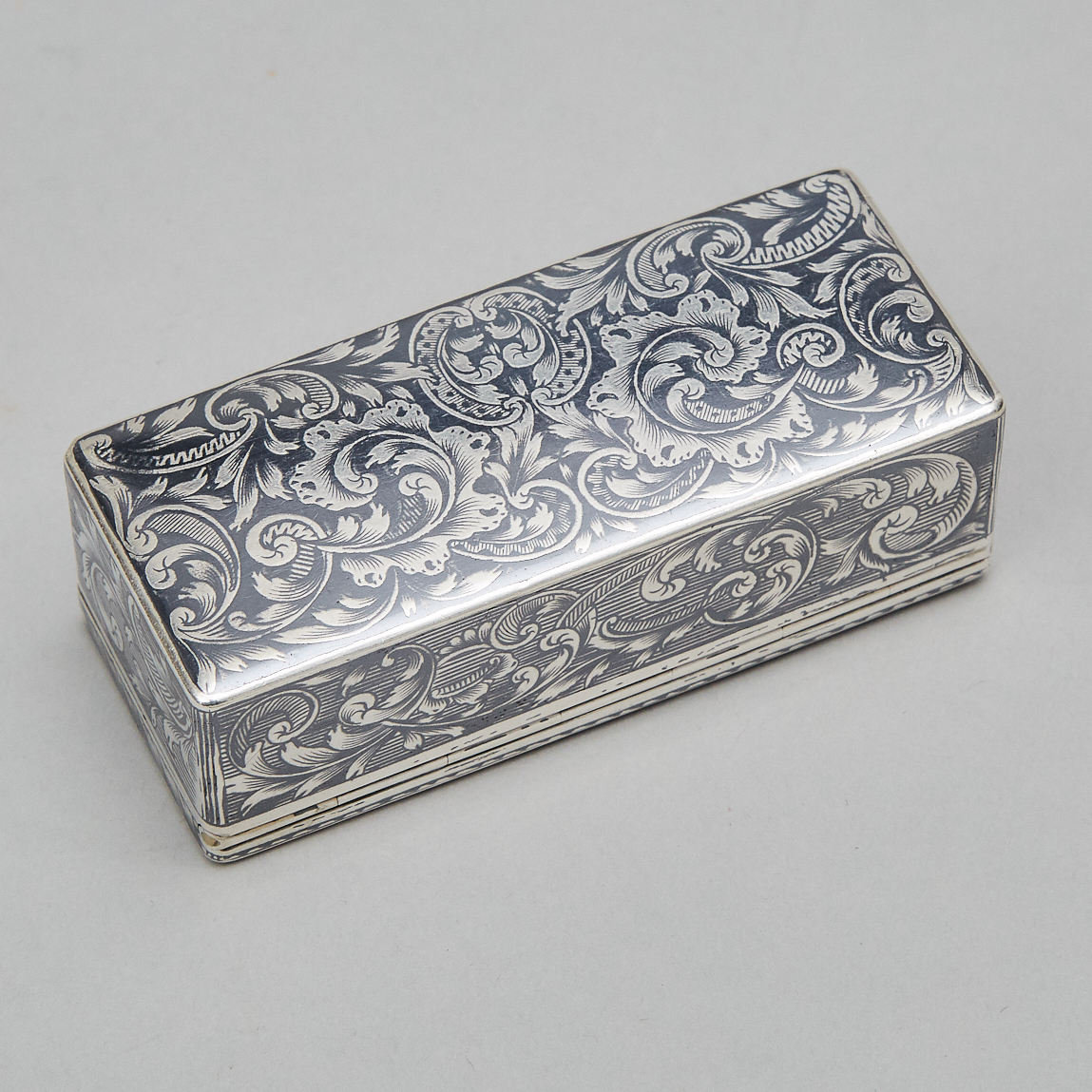 Russian Engraved and Nielloed Silver Rectangular Snuff Box, Moscow, 1846