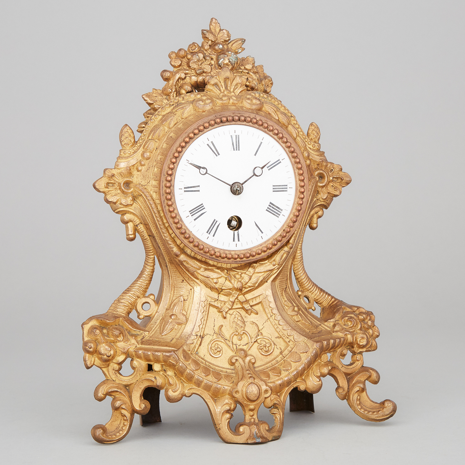 French Glass Domed Gilt Metal Mantle Clock, c.1870