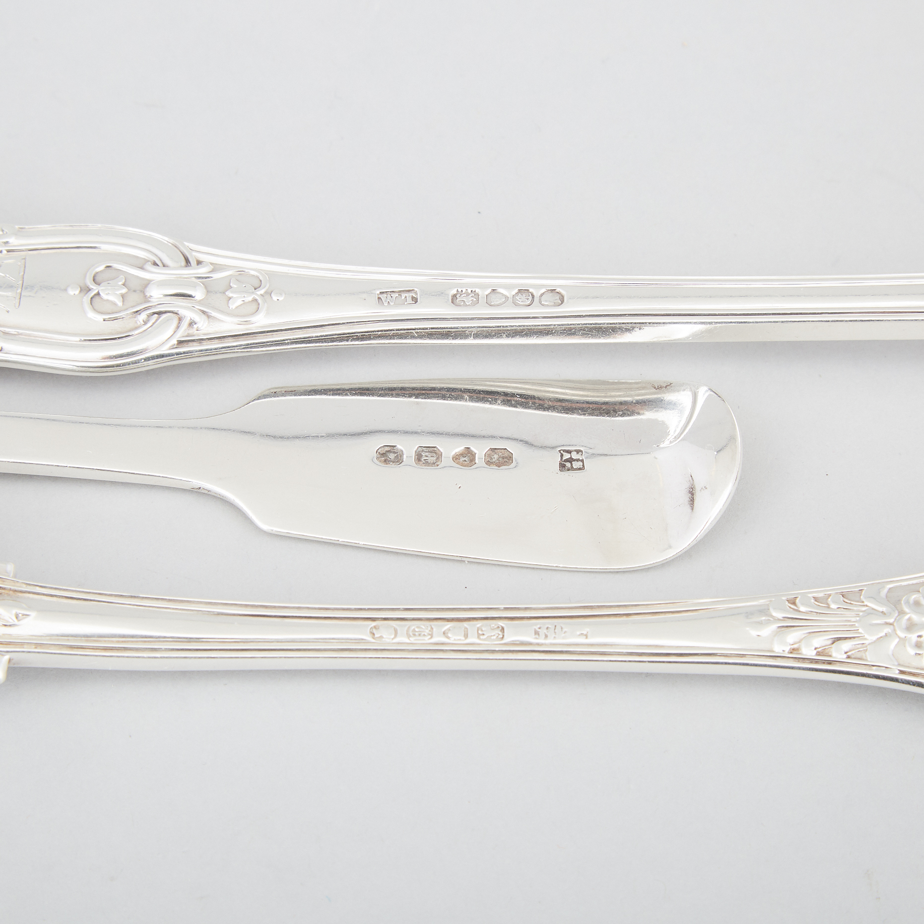Three Victorian Silver Serving Spoons, Hourglass, Fiddle and Queens Pattern, London, 1840-55