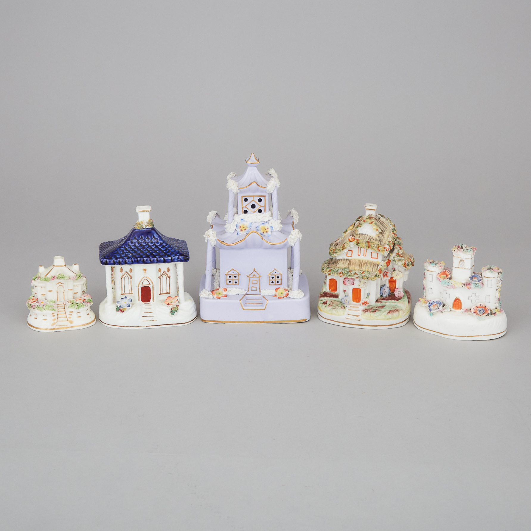 Group of Five Staffordshire Cottages and Pastille Burners, 19th century 