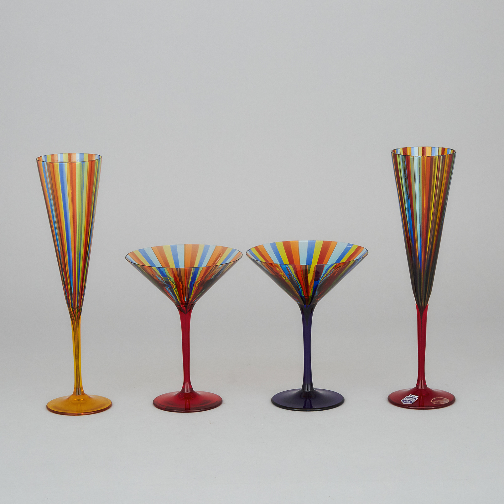 Pair of Cenedese Multi-Colour Striped Martini Glasses and a Pair of Champagne Flutes, 20th century